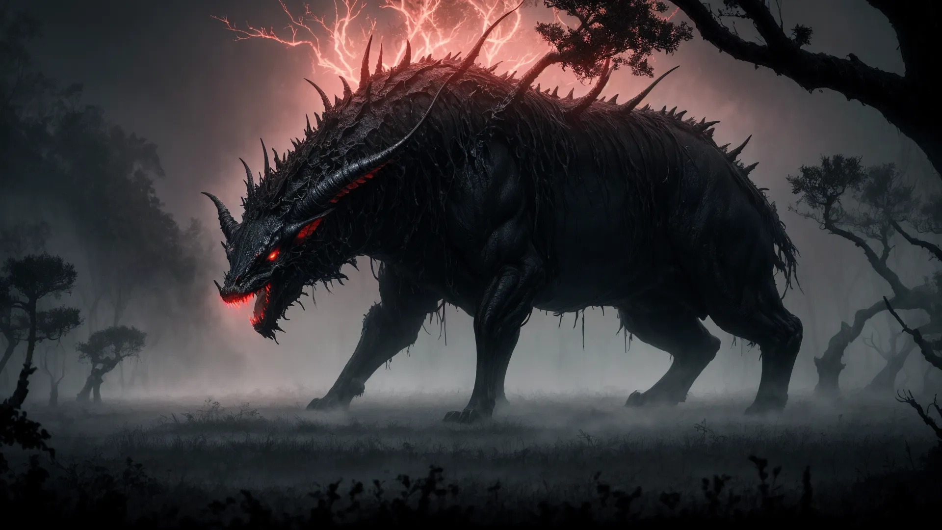 an ox walking in a field on a foggy night with lightning bolts above it, and surrounded by trees, with fog and lighting from behind