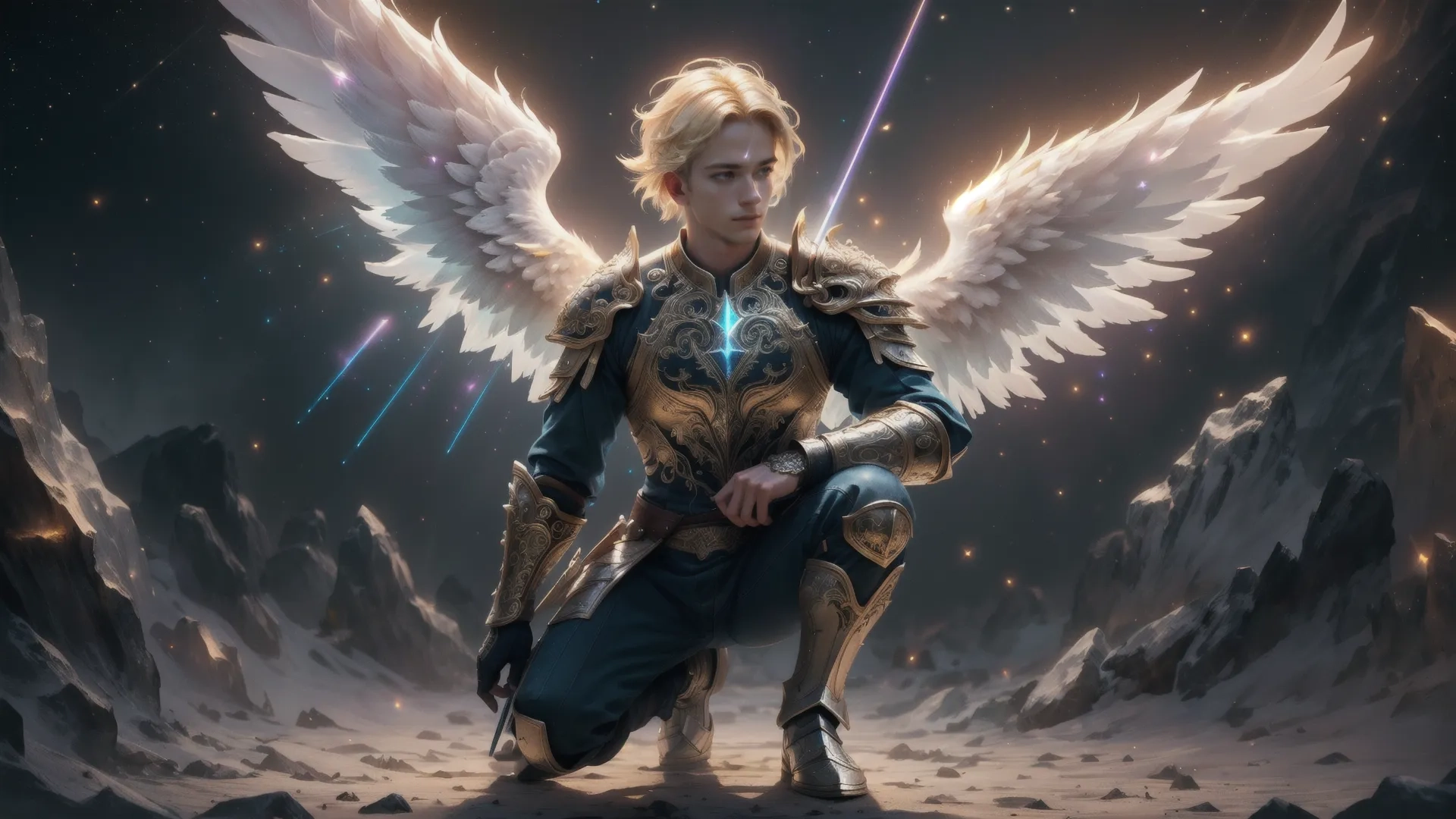 a female person in armor with wings on the ground in front of stars that look like planets and a sun on the sky behind her