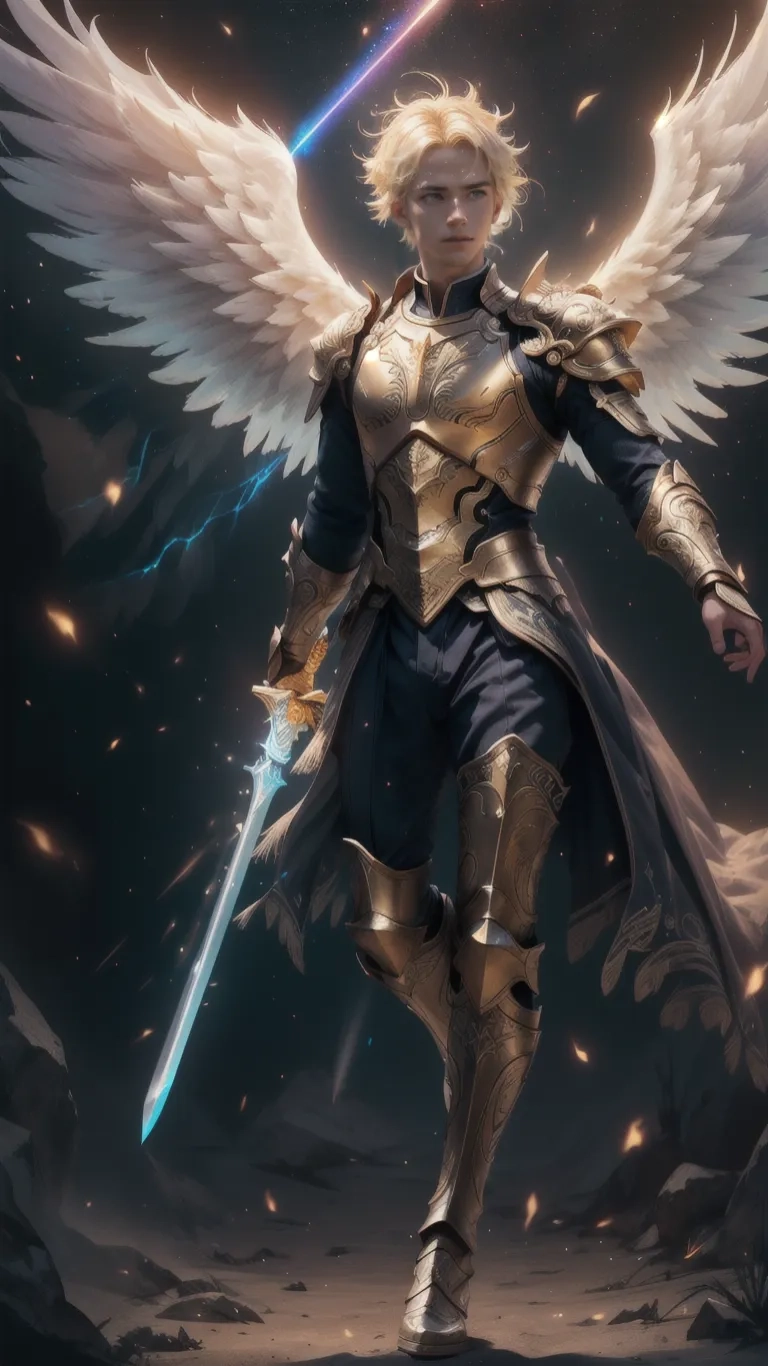 the angel woman holding a sword and wing is in flight while surrounded by fireballs and sparks behind her is a starry background with a bright light coming from an