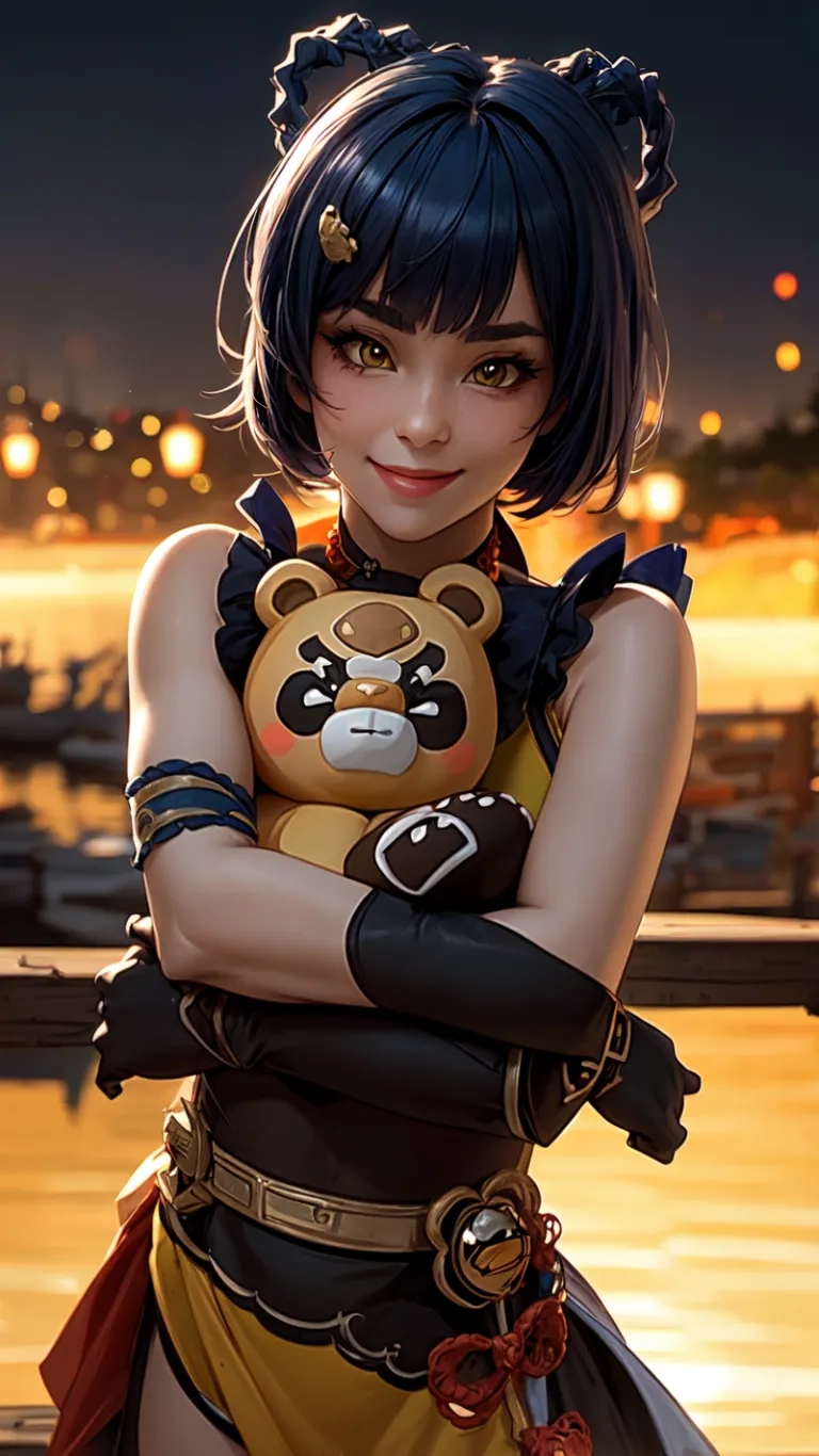 there are two woman in cosplay costumes posing next to a body of water and a body of water at twilight behind them's edge
