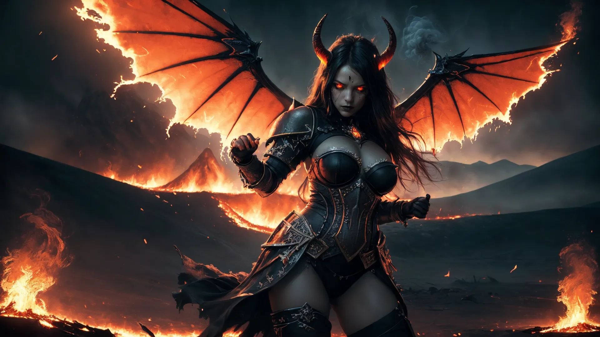 the demonic woman is dressed in armor near fire mountains and clouds in the distance for a fantasy background or art project design wallpapers