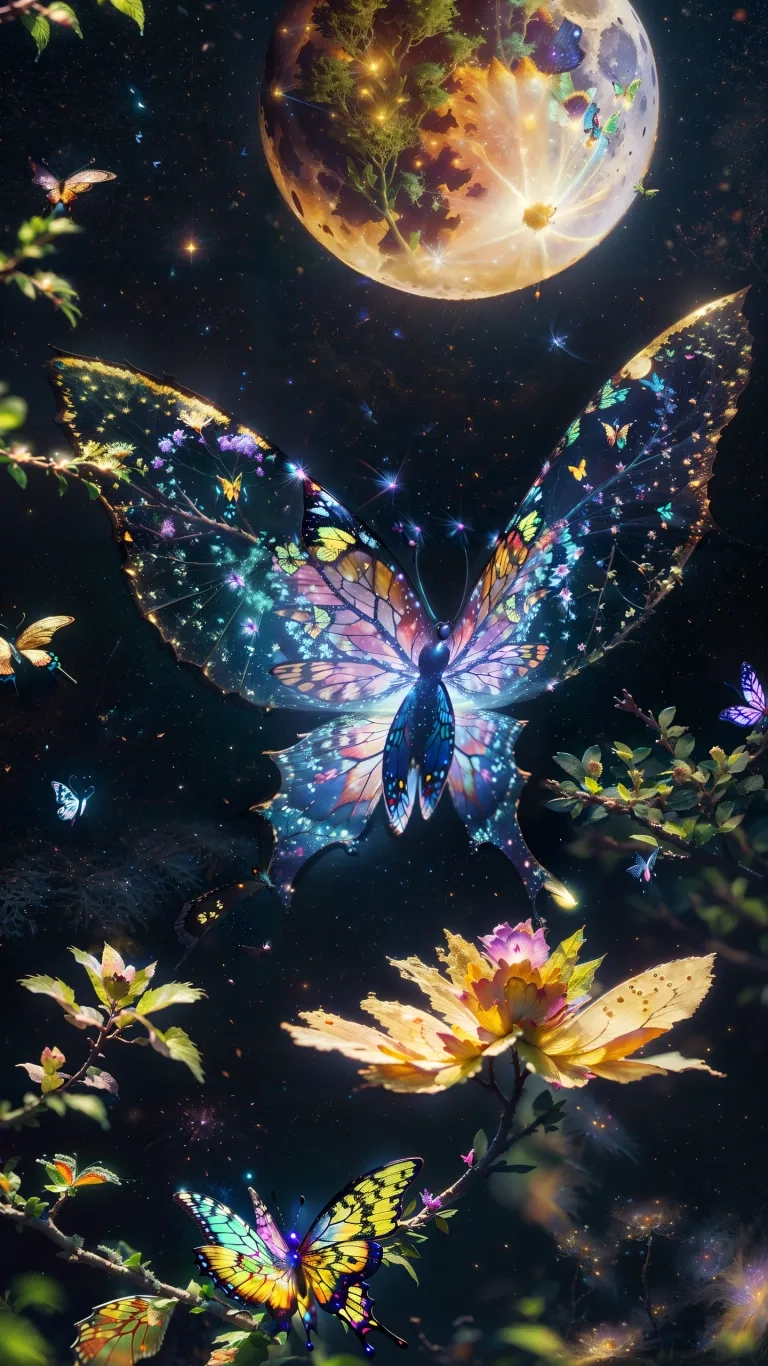 an animated butterfly moves through the night sky with a flower and the moon behind it and is floating on water surrounding a body of water