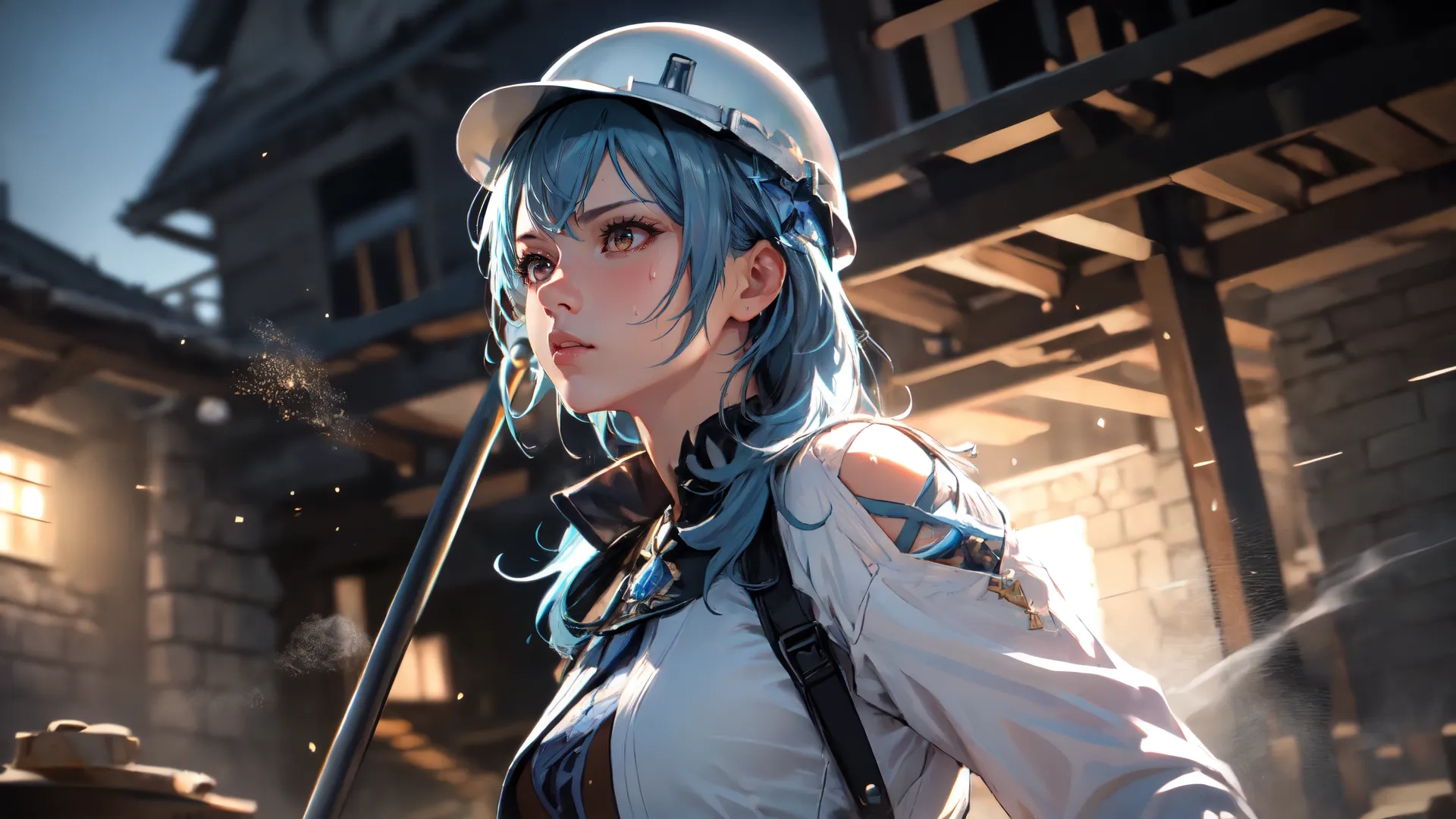 an anime - style female with long hair and a white top is holding a cigarette pipes and headphones and looking at the camera on the screen while wearing a hard hat