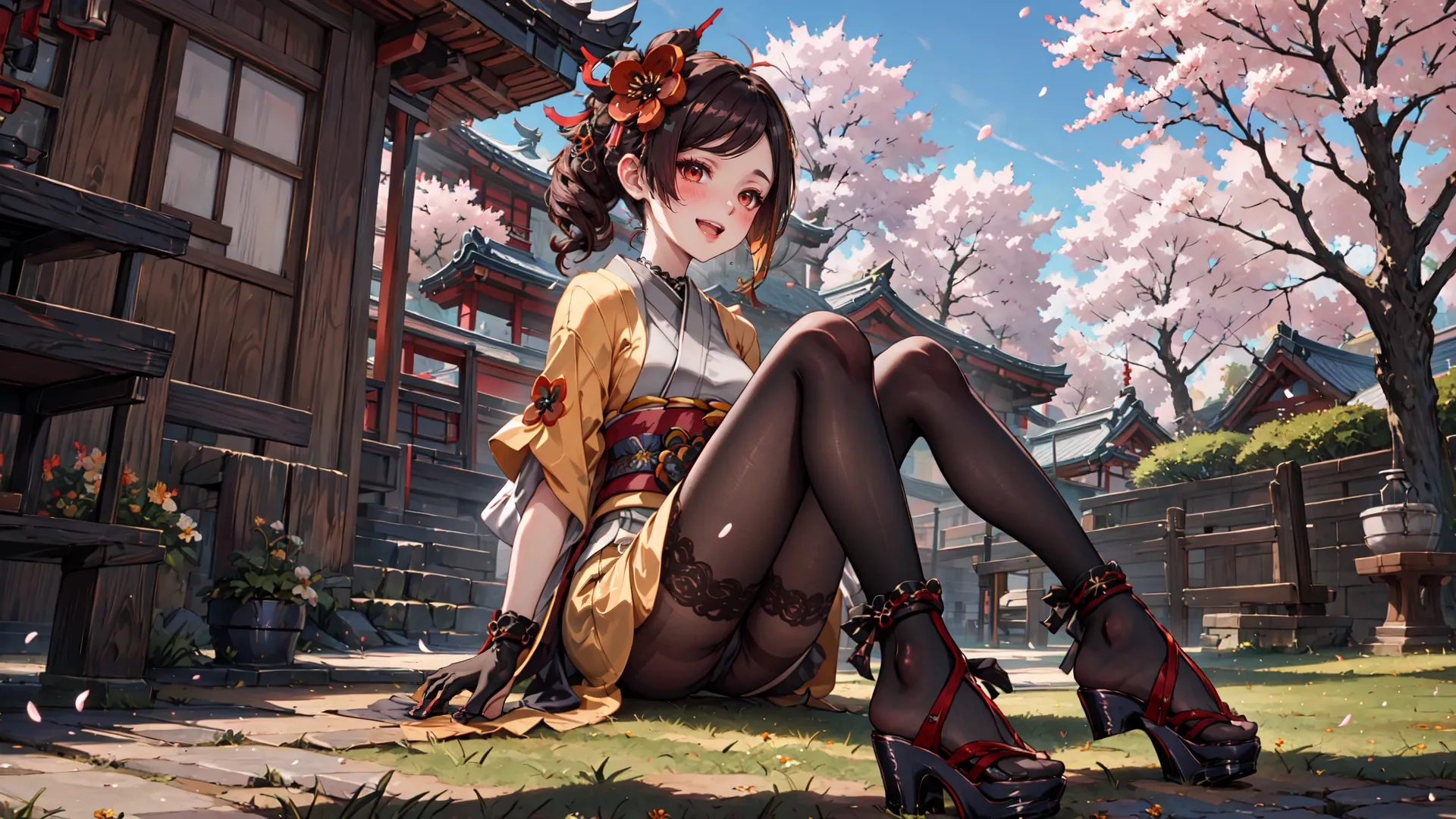 a woman has a very pretty high heely thing in the grass near a building and pink flowers with a cherry blossom in the background