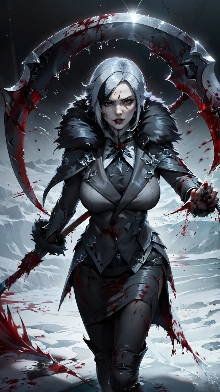 a digital fantasy girl holding a bloody scyther with blood running around her body through the water against a blue background and light effect