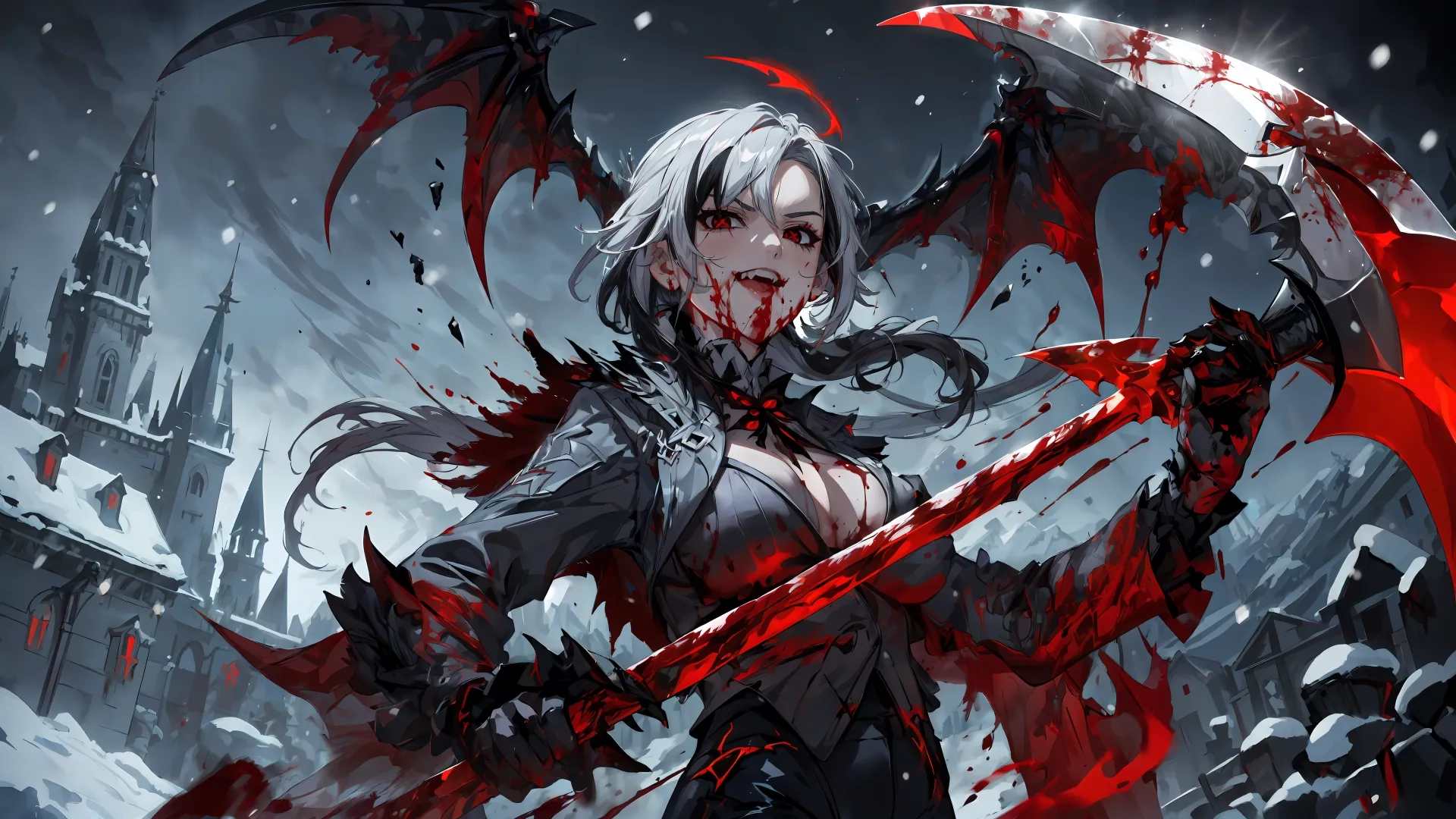 a woman with red hair holding an axe in the snow on a city street in front of a clock tower and bloody moon behind her