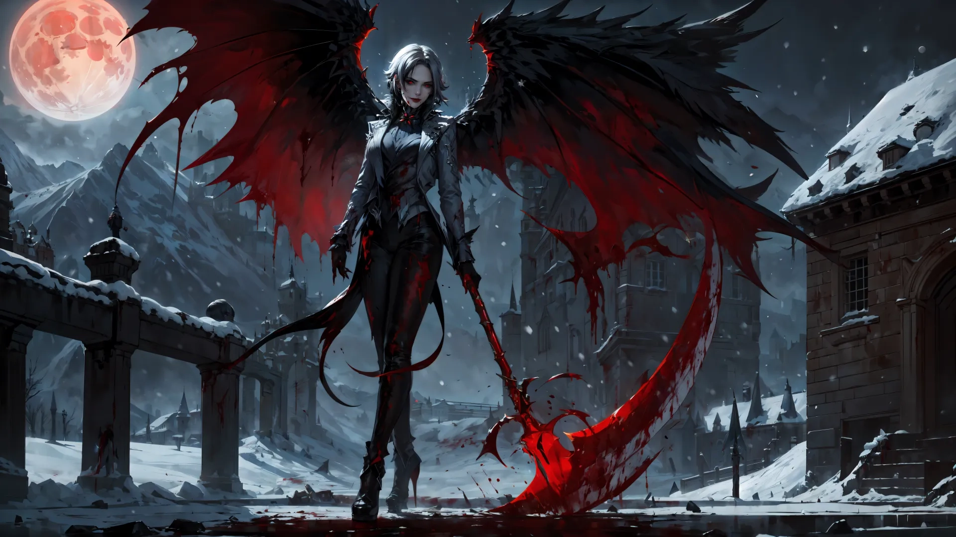 the woman is chained up with his sword as a demon is coming out of the city beside her is a snowy mountain in the background