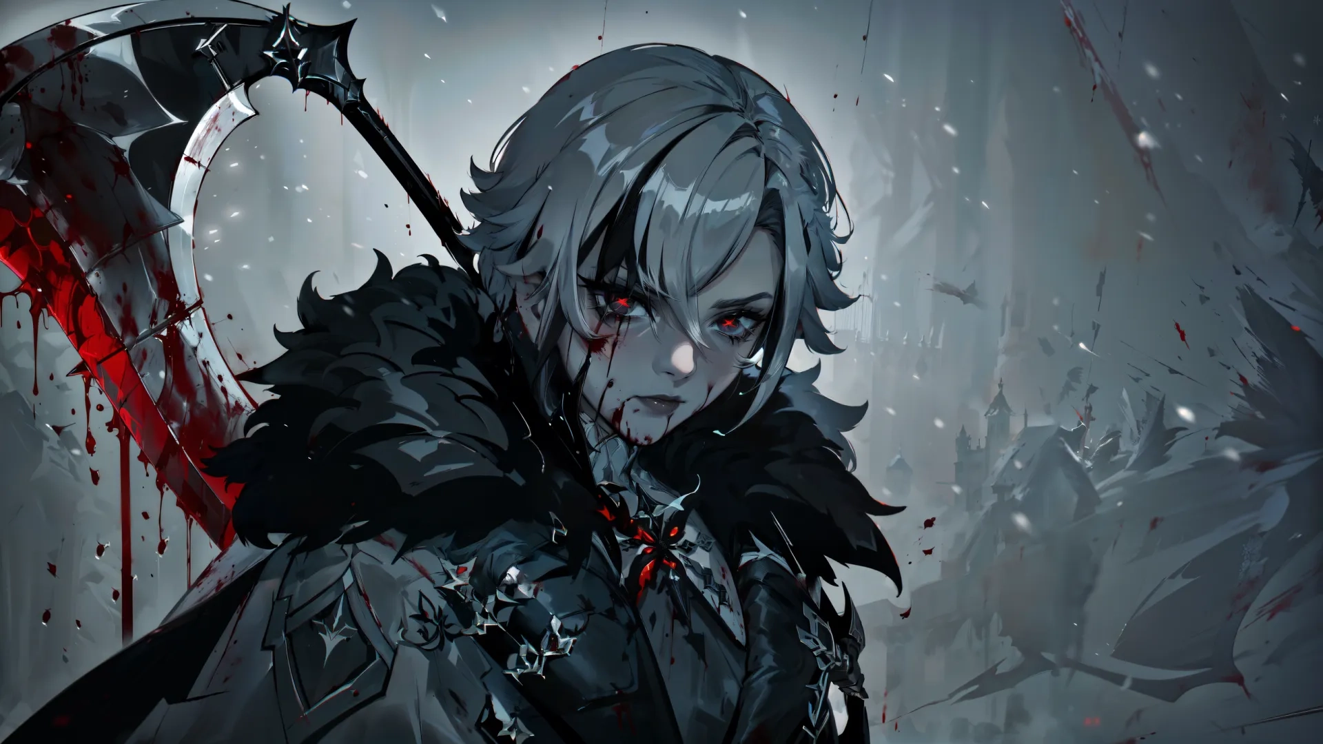 an artistic digital painting of a woman with a bloody face and bladeed head in a dark room behind her is a white curtain with snowflash