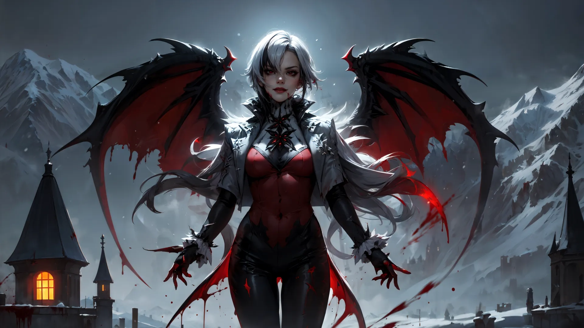 an illustration of a female vampire dressed in a dark outfit in front of a castle with snow and mountains in the background with an evil angel like character holding two