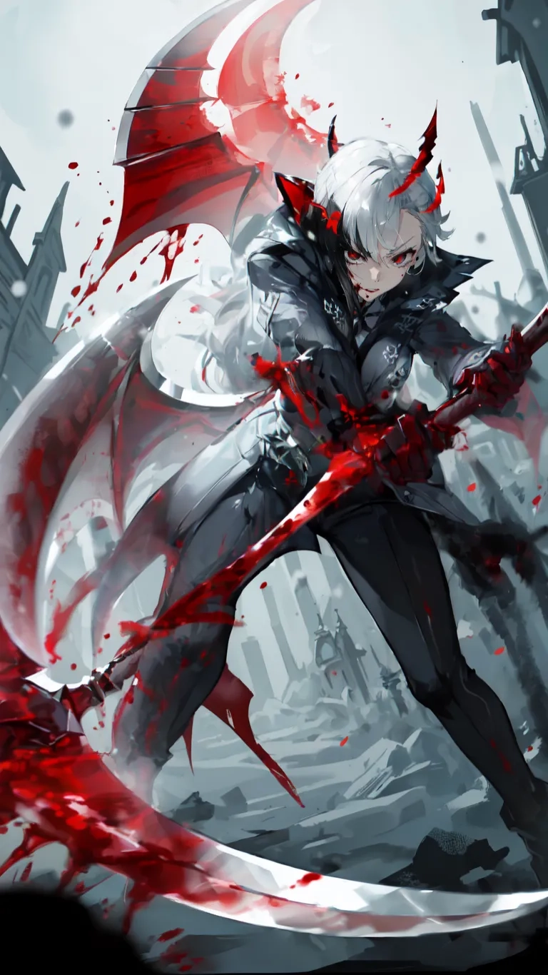 a drawing art image with an evil devil in its hand and blood falling from it while holding an axe and bloody staff in his left hand

