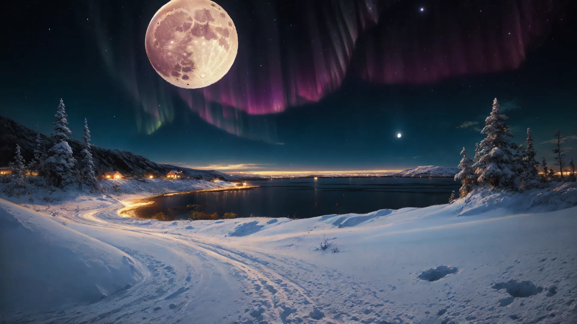 full moon set in a snowy landscape next to mountains and firs with green, pink and purple colored lights above the snow covered hills