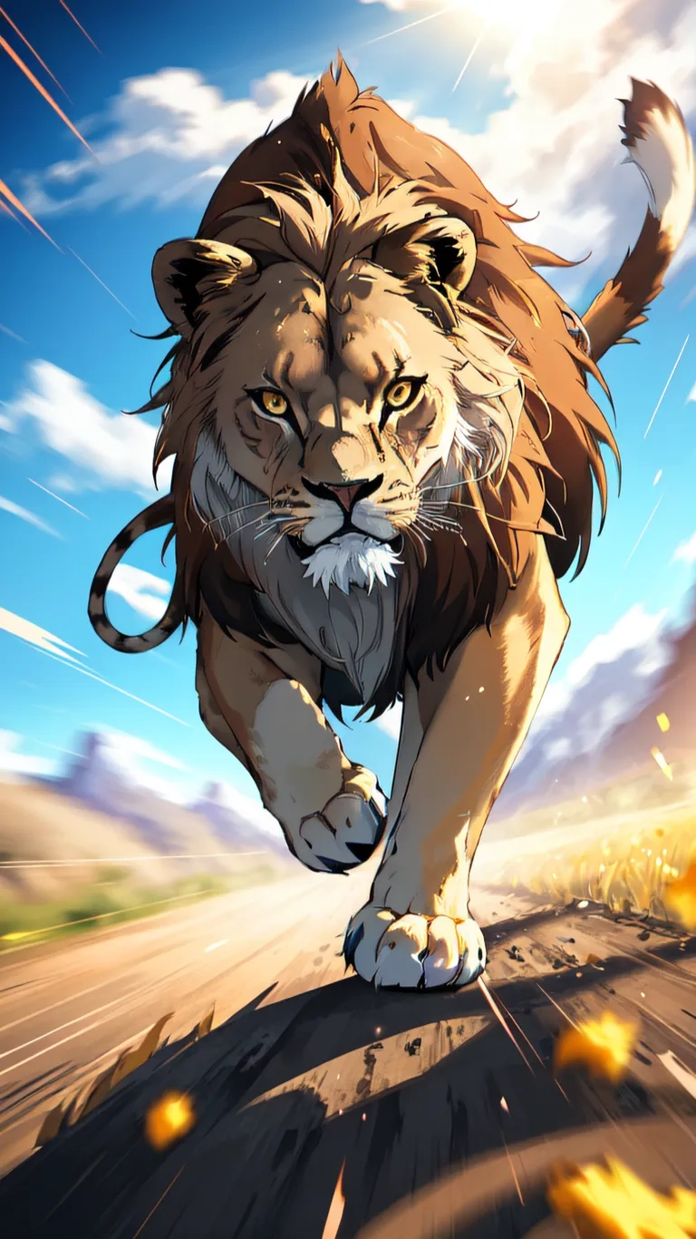 the lion is walking with his tail up in the air, moving forward toward the viewer, towards the ground on the right it's side of the camera