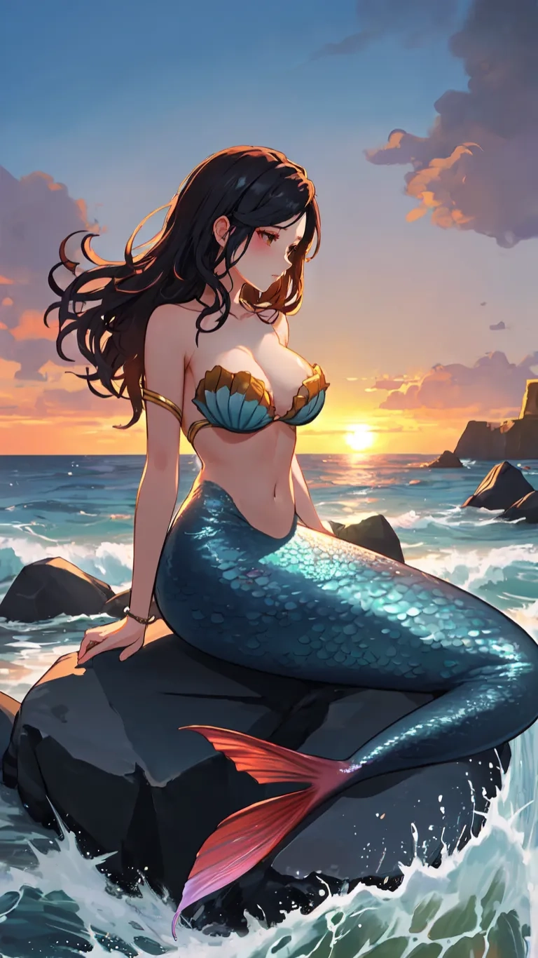 a girl sitting on a rock in the water with a fish tail that is sitting in the water at sunset time, near a castle