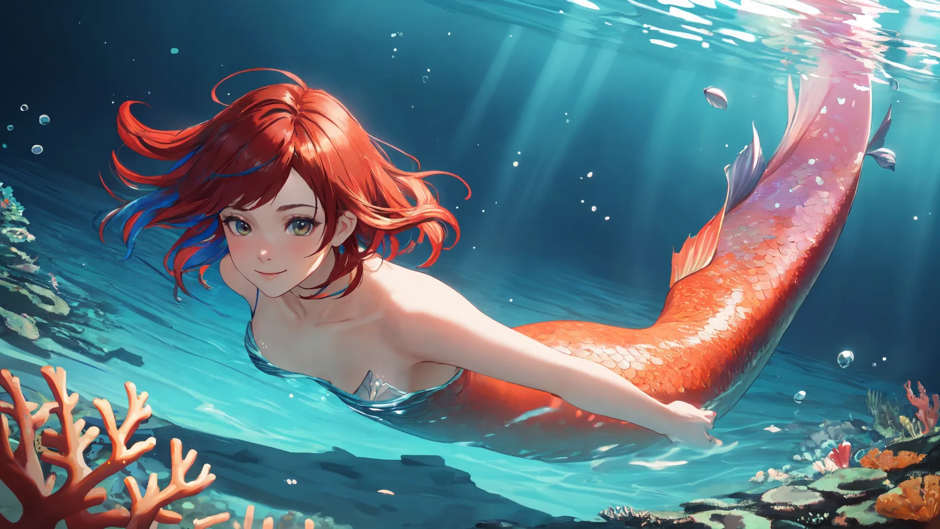 a girl with red hair sits on a shell holding a fish tail, under water, and coral plants in the background there is blue