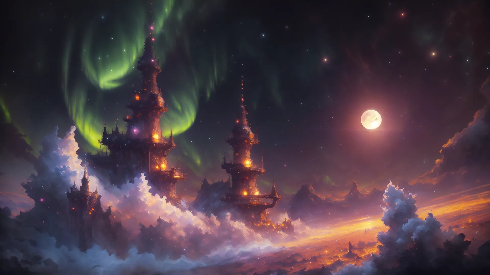 an aurora bore is reflected in the sky by the lights of buildings on a cloudy background with a bright moon, the dark sky is bright blue and green
