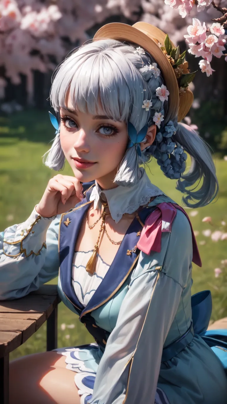 a woman has blue hair wearing a hat and blue flowers on her hair, and sits on some wood and grass in the park beside a bench,
