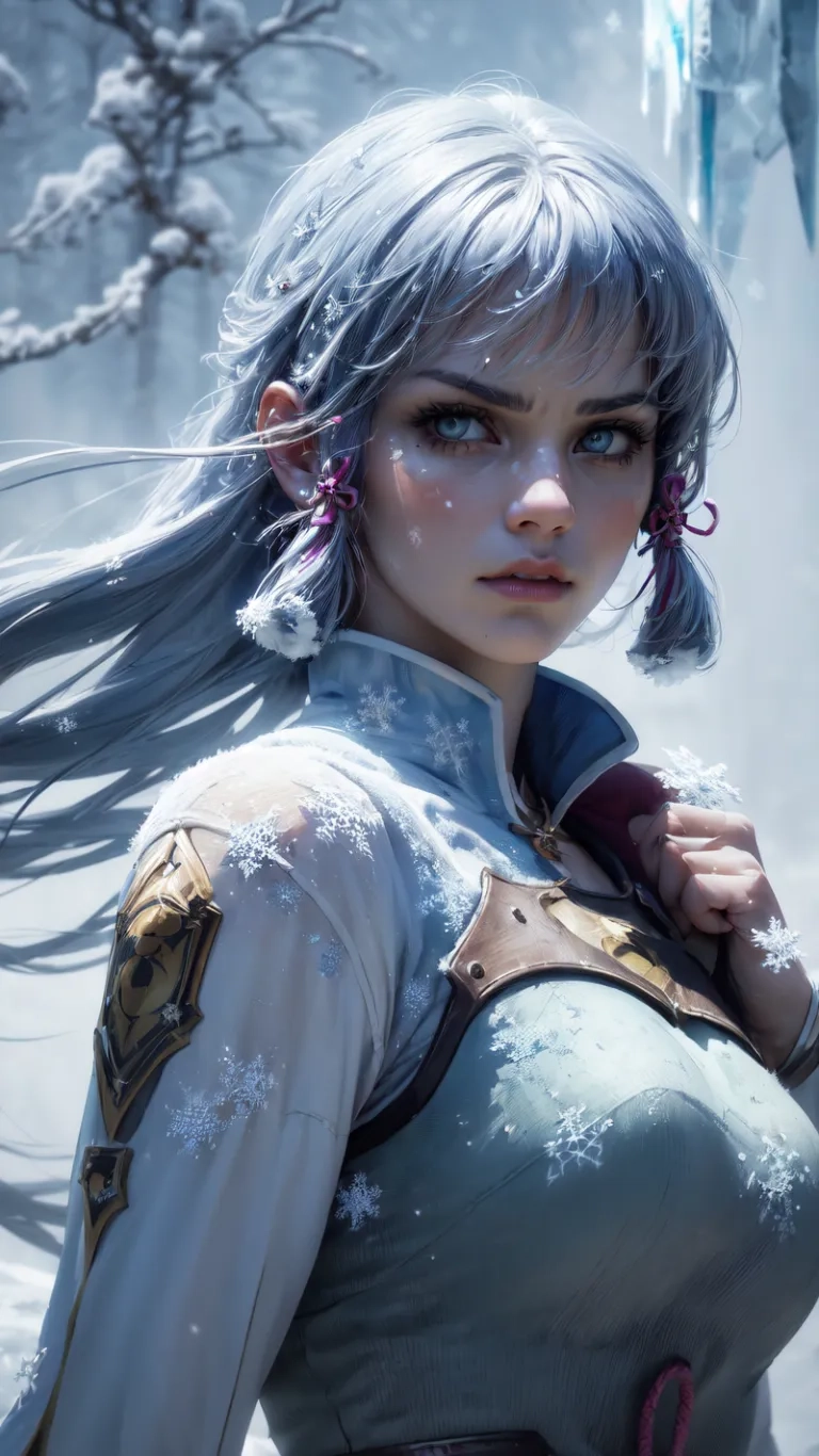 a woman with blue hair in a top and a blue dress and pink bracelets, standing on a hill with some snow and trees
