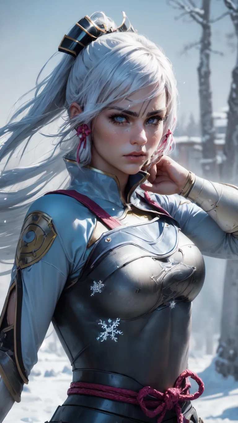 an elf woman in the snow holding a sword and wearing armor on horseback to fight off a charge of her own troops and soldiers and forces