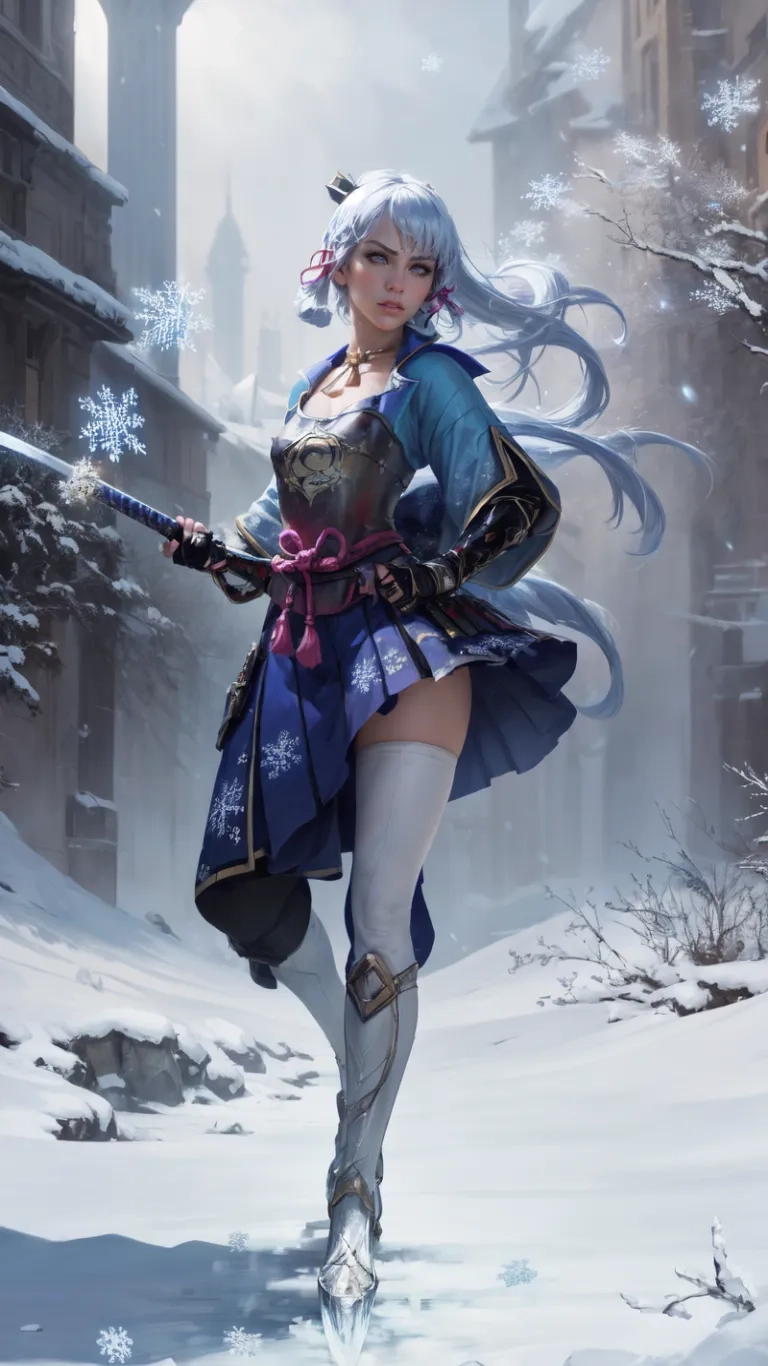 a woman dressed up with snow and holding a sword standing on ice in front of a city block, surrounded by buildings, snow, surrounded by snow