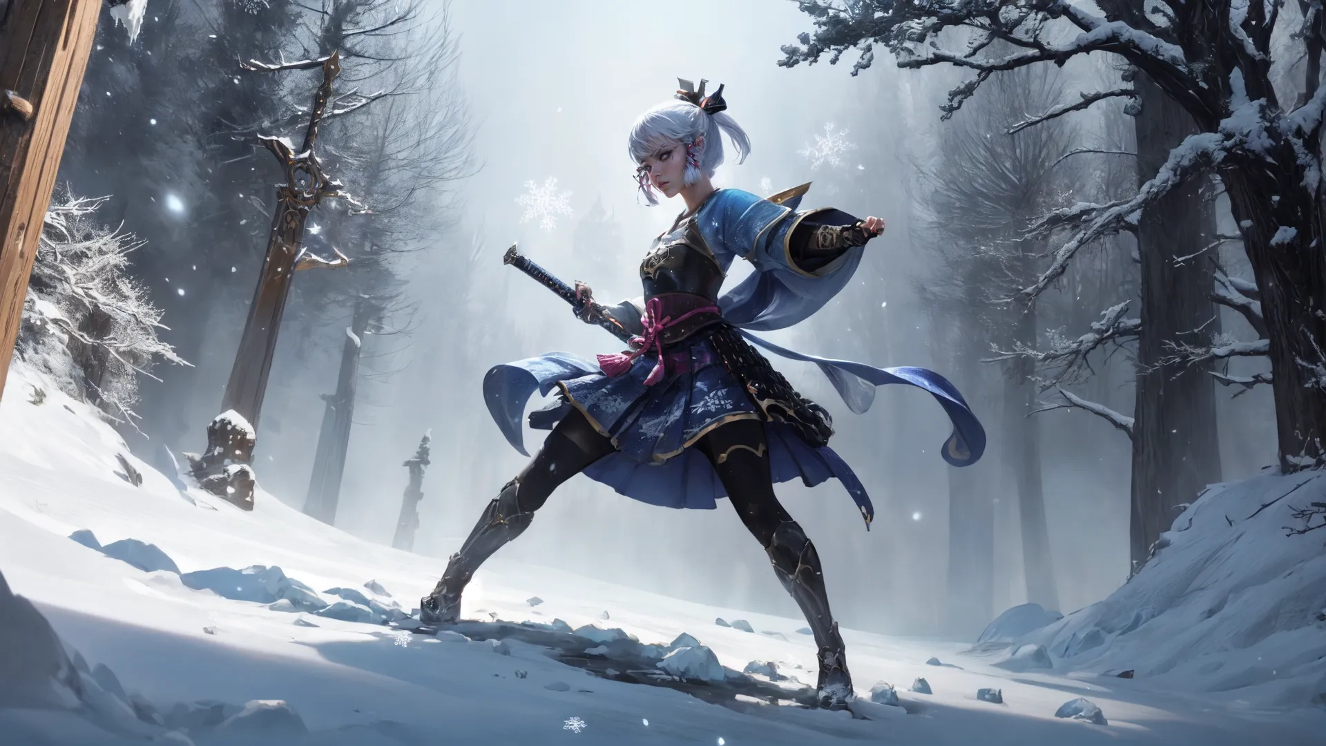 a warrior standing in the snow with her weapon up to her face as he stands near a wooden cabin building and another person approaches from a snowy landscape