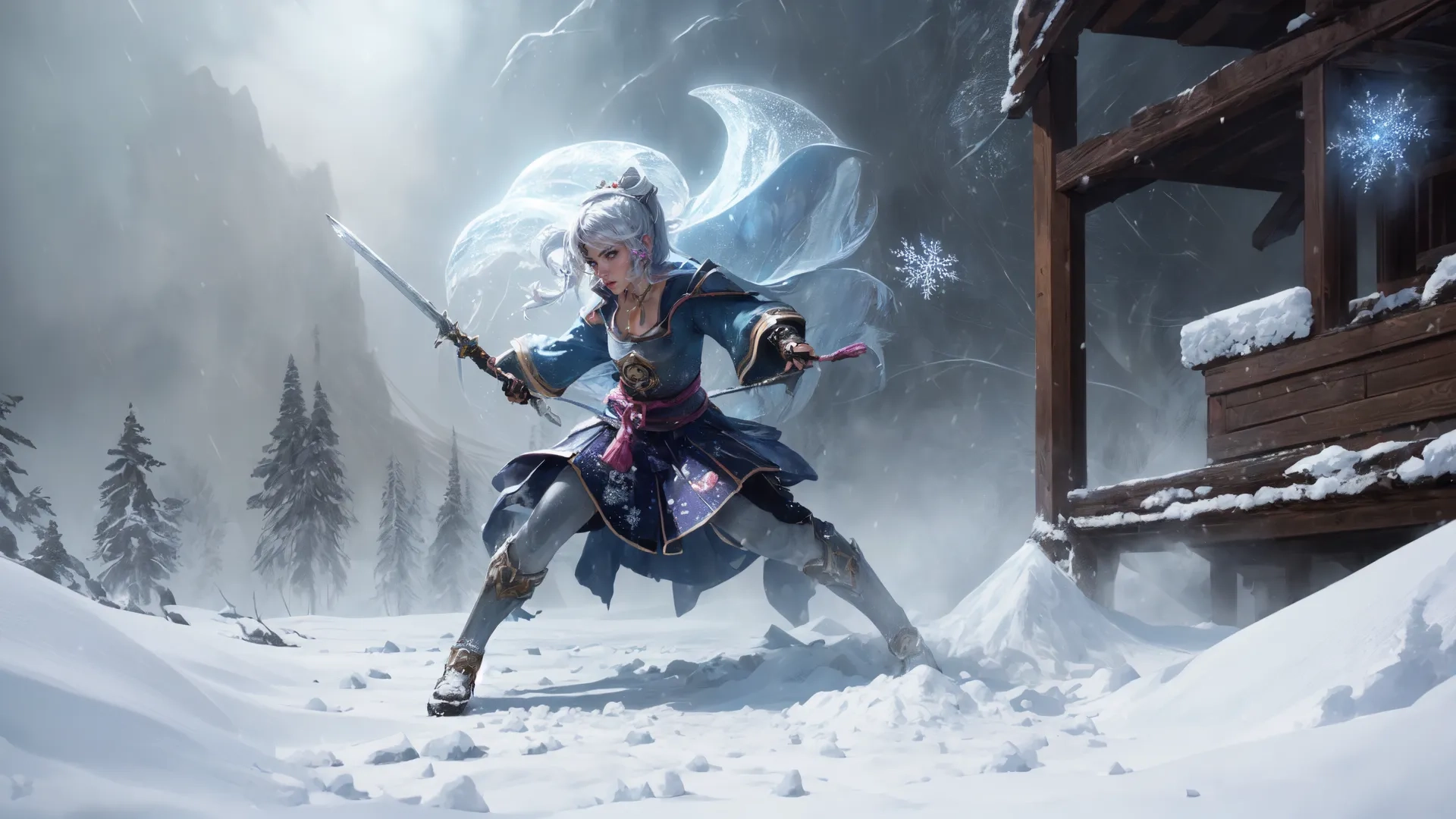 an action shot of a woman dressed as a warrior holding a sword on snow covered mountain top with wooden building and evergreen trees in background
