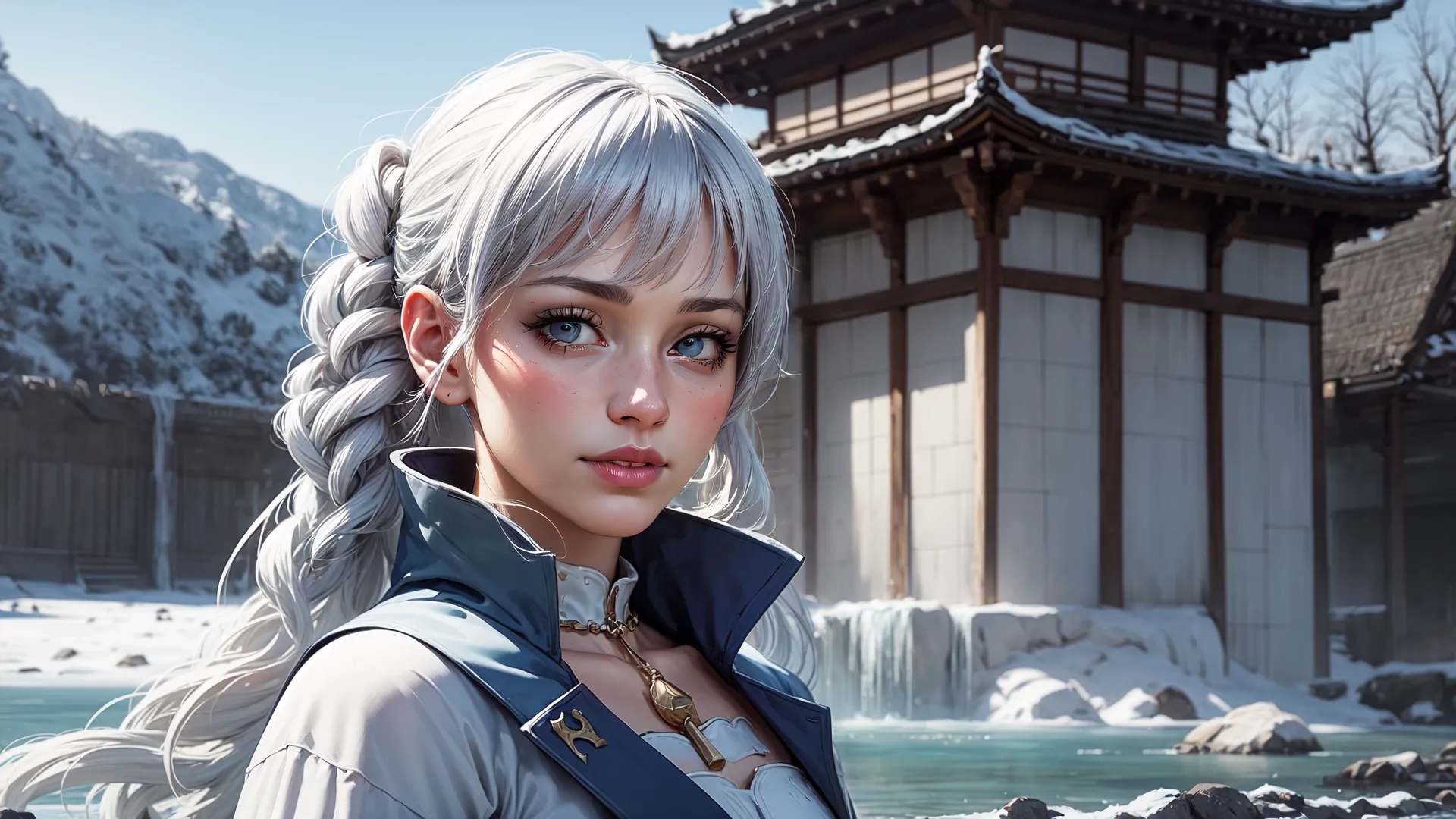 a anime character stands next to a lake and house with large rocks in the background and one person wears a white hair with a silver dreadn
