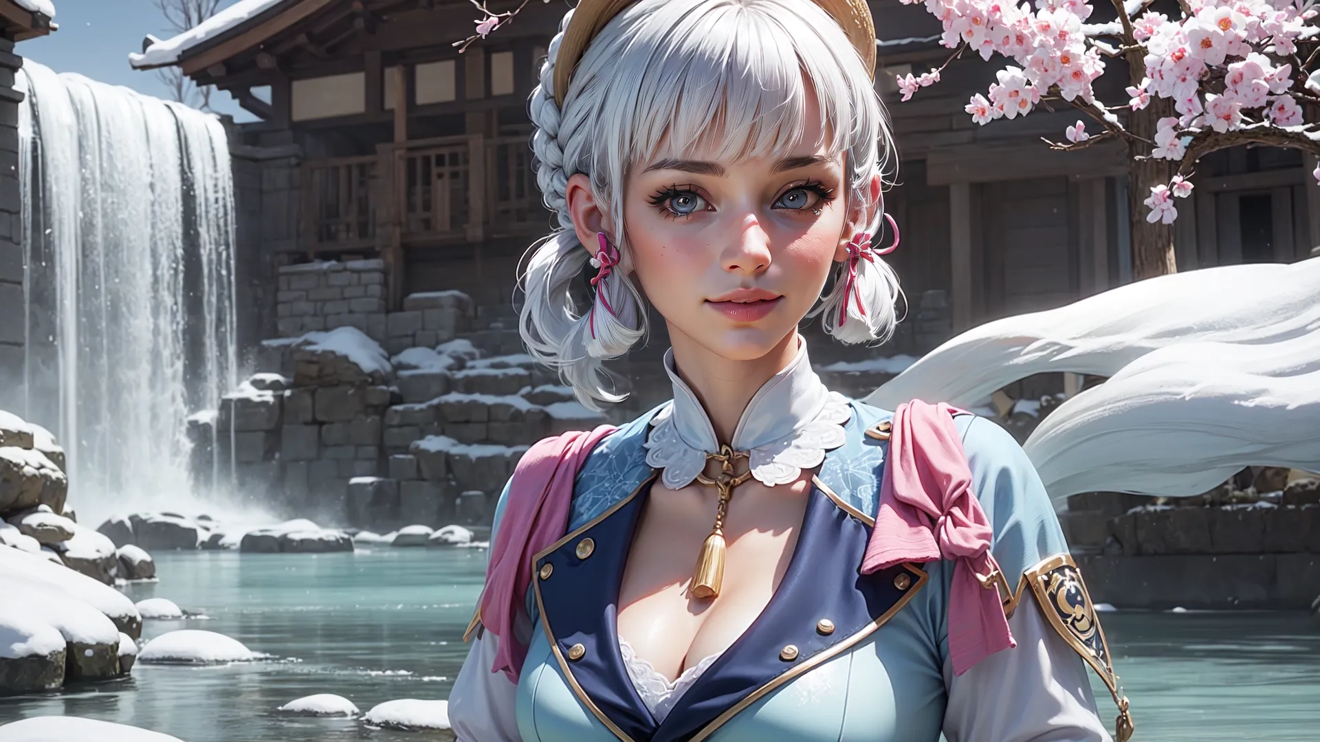 a woman is standing outdoors wearing a blue dress and silver hair and wearing a pink blouse with a waterfall in the background behind her she is holding two white balloons
