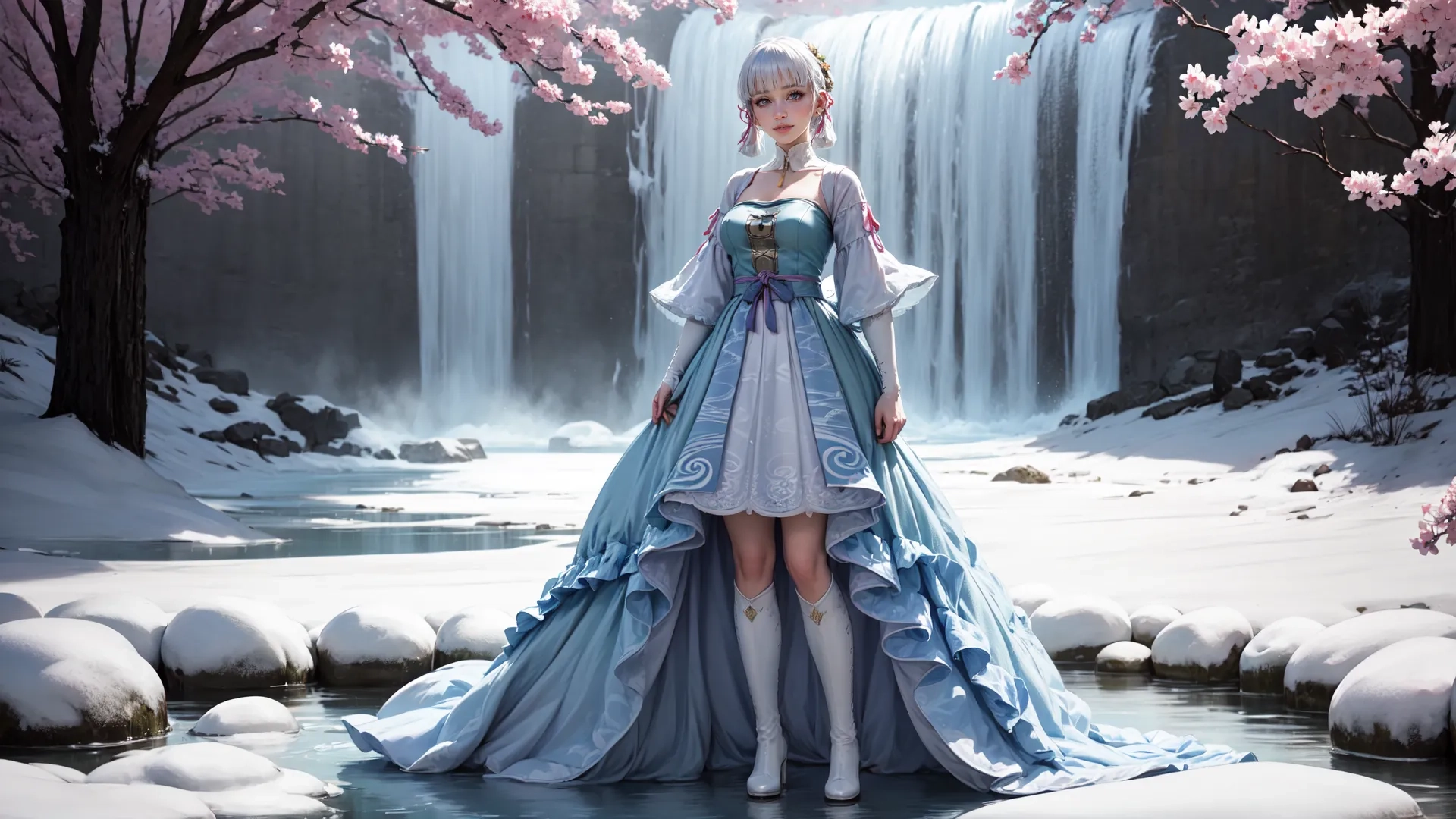 a woman in dress standing by water with a tree near her by waterfalls and water falls and blossoms on the ground in between them

