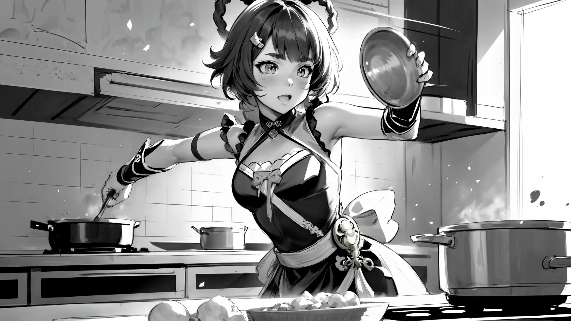 a girl cooking a meal in the kitchen while holding a large bowl full of food in her hand and another pot behind her with a kitchen utenset on it
