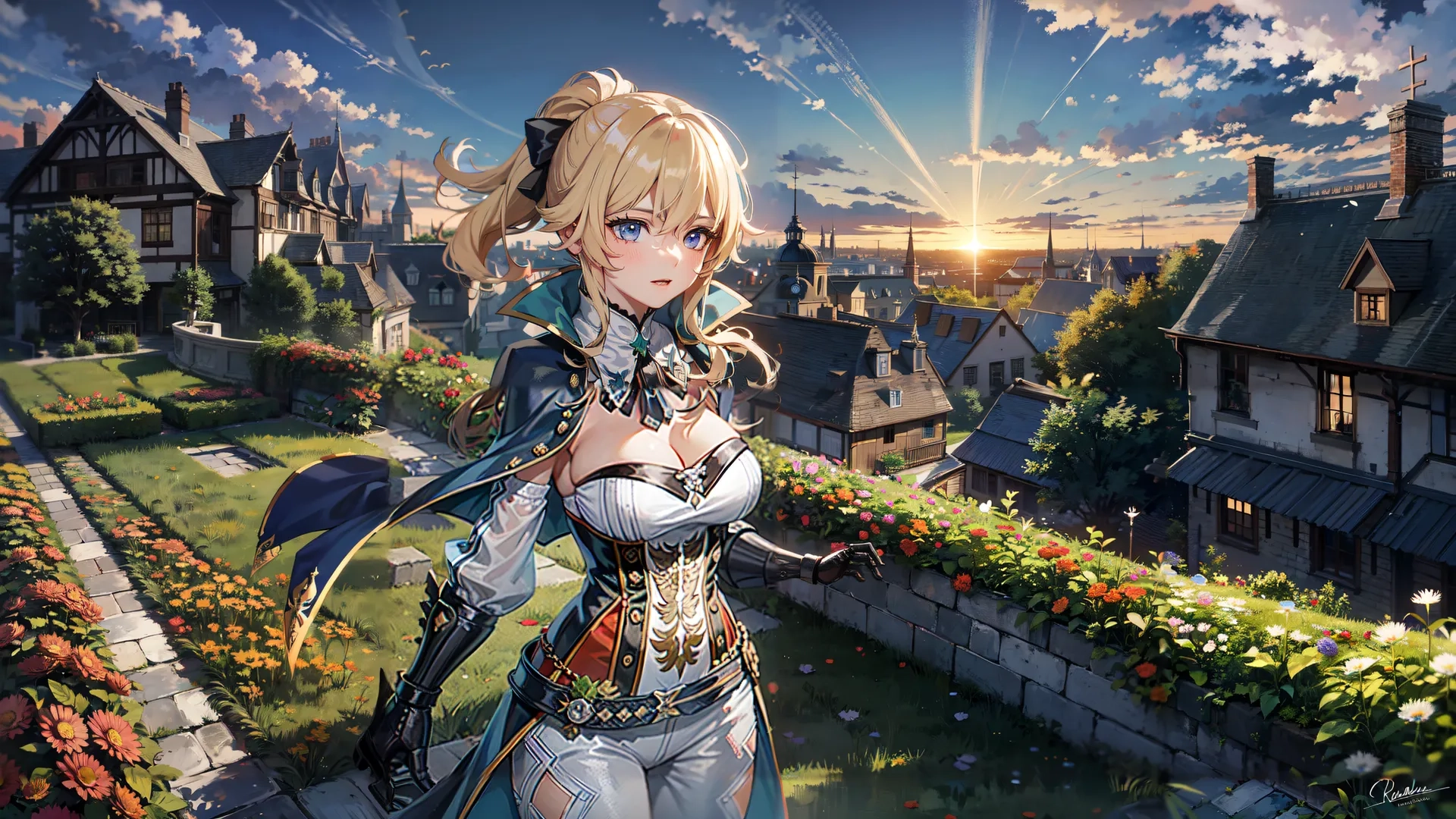 a beautiful woman holding a sword standing next to tall buildings near flowers and plants with mountains in the background in anime style style by tf