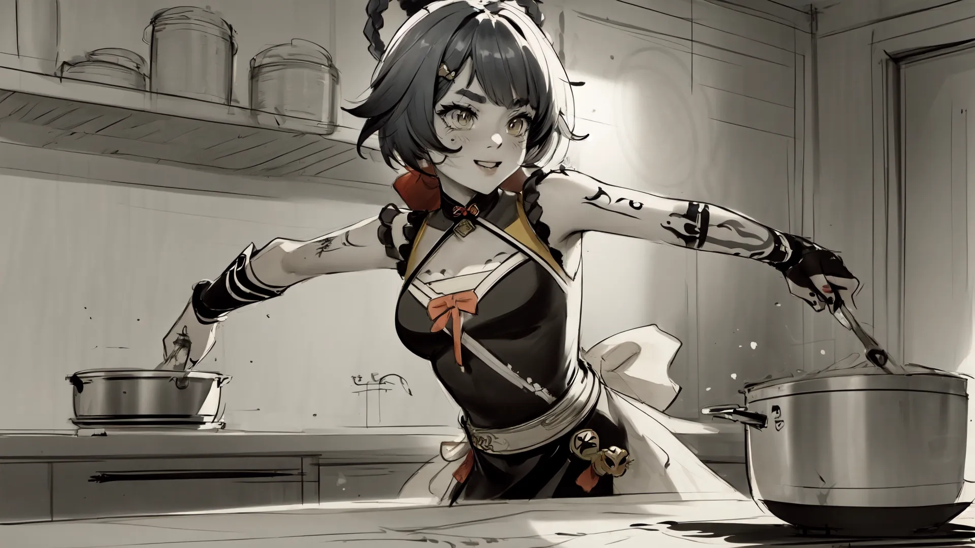 a lady that is standing next to some pots in a kitchen - colored drawing of an anime character holding a silver pot on a counter top with a saucer