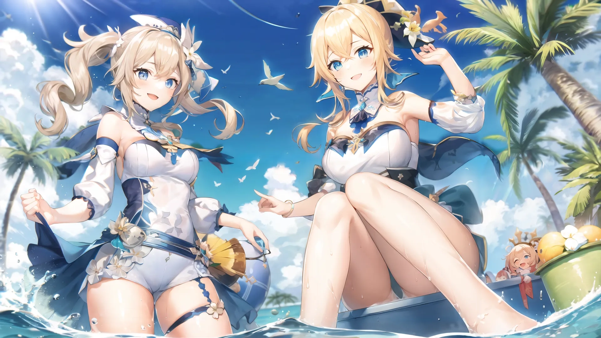 two attractive girls sitting on a small boat at the beach that's also surrounded by palm trees and a blue sky in the background