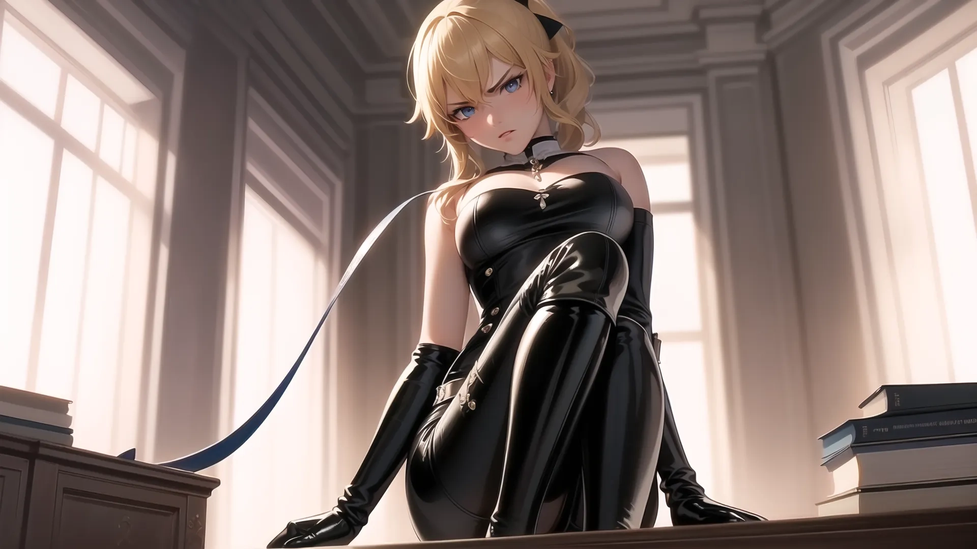 there is a very small girl with a cat ear in a dress and boots sitting on the bench with a leash around her belt, wearing catsuits