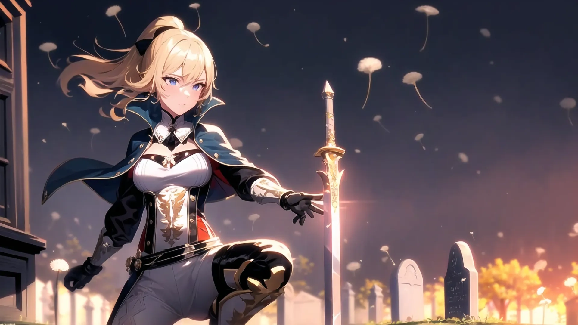 a woman posing in front of a gate holding a sword in hand while walking through the snow with flowers and candles in front of her