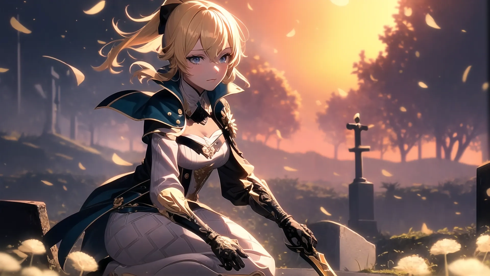 a woman kneeling in full glory with an axe and a cross at night in the sky full of falling leaves from trees above her,