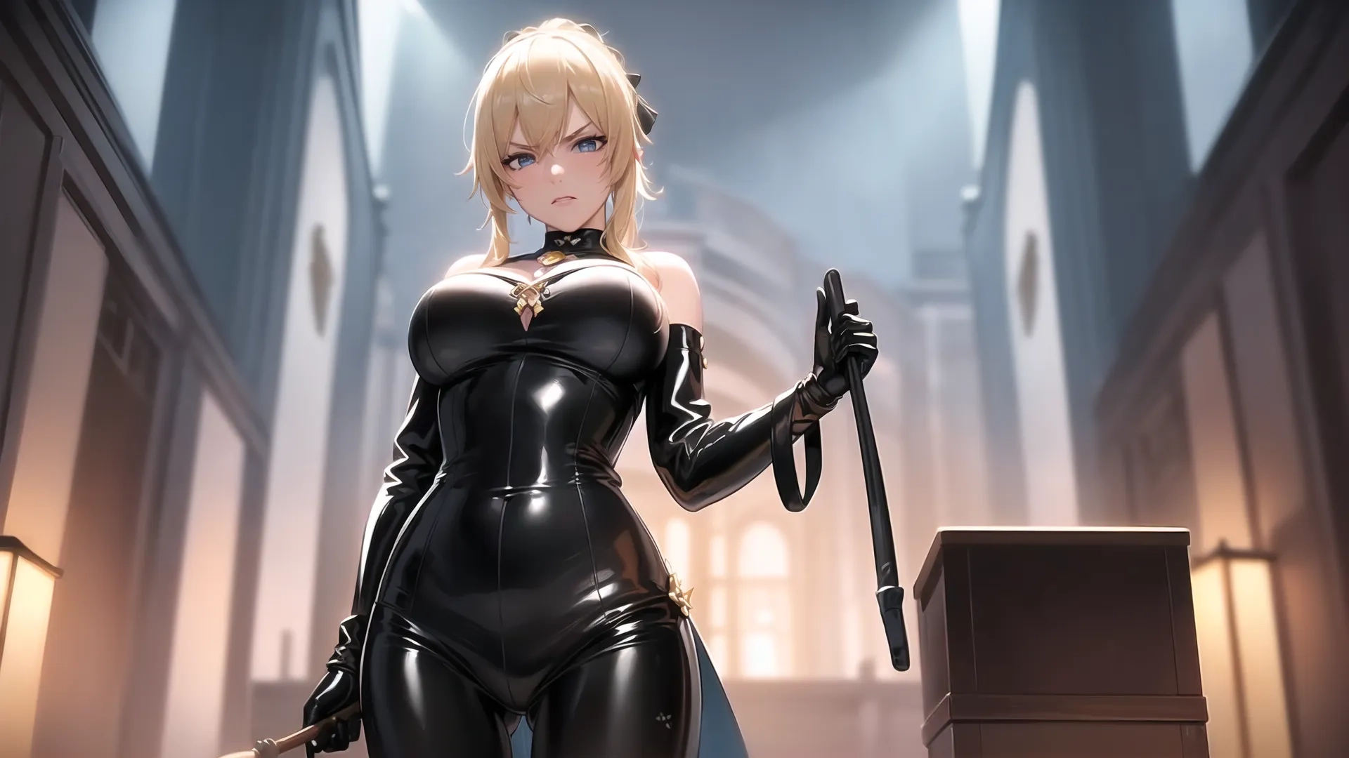 a girl wearing rubber gear holding two swords in a hallway in front of some stairs and windows with various lights coming in from them -
