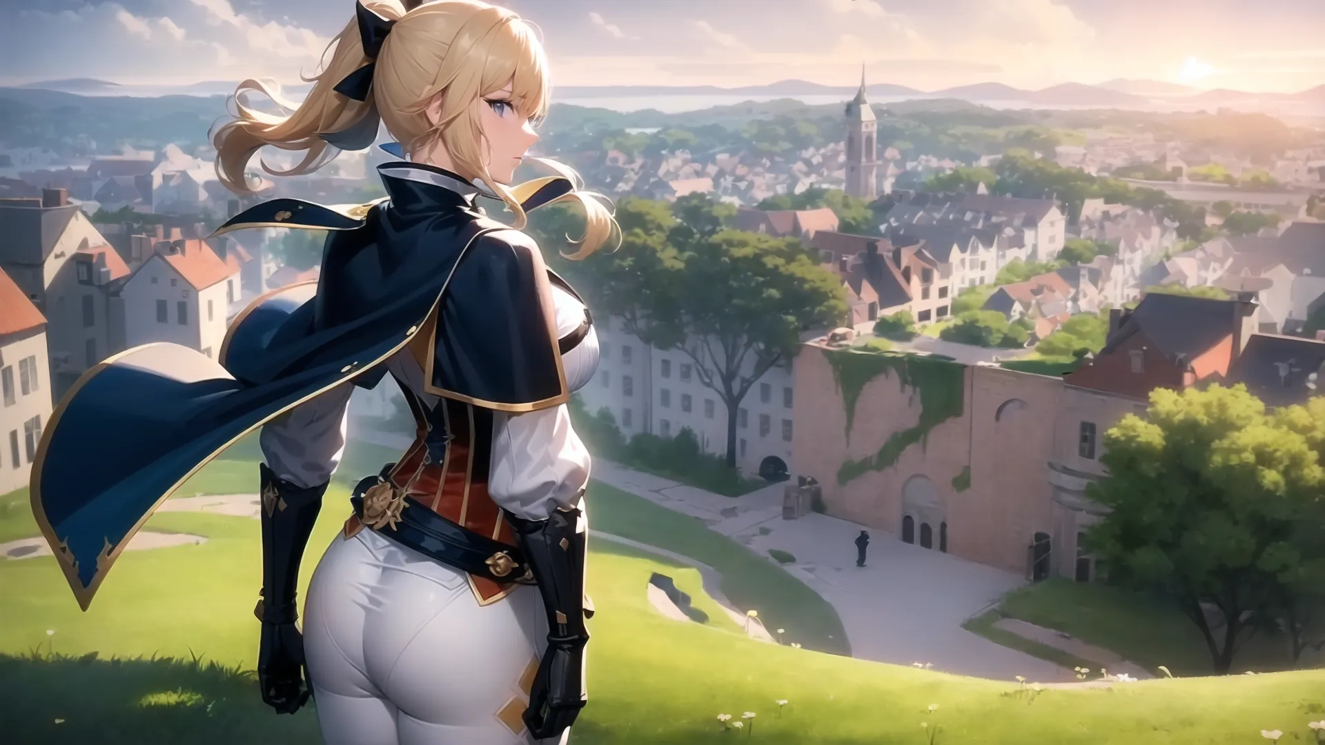 a person standing down and looking around in the distance with buildings on either side of their backs, at a town of houses in the background