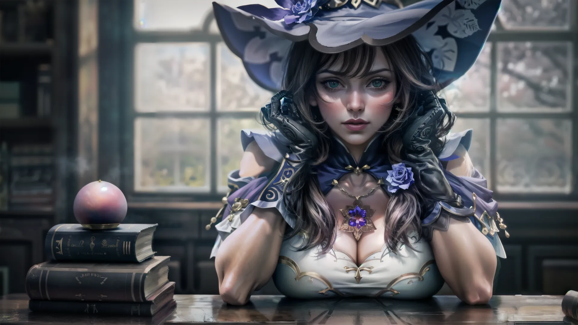 a woman wearing a hat with flowers near books and an egg in front of her and window in the background has multiple colored tiles,
