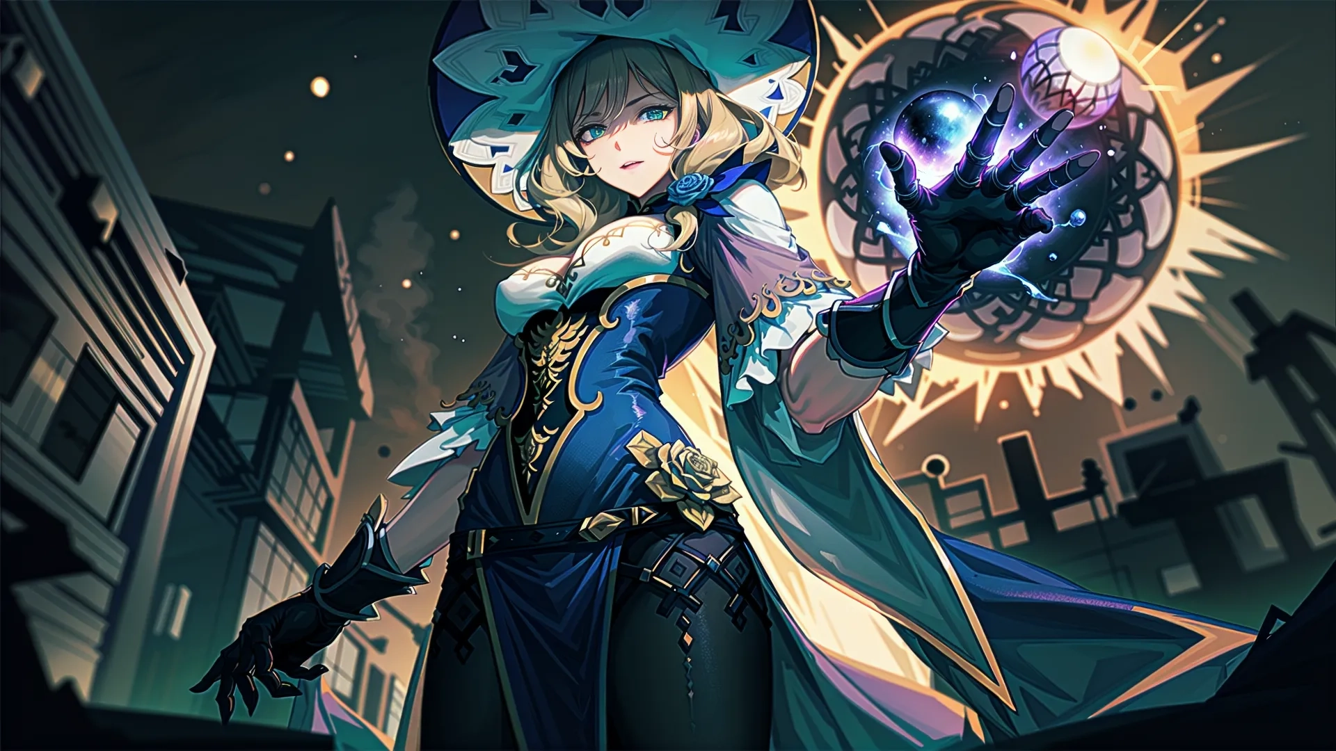 a woman in a blue costume holding a ball with a clock on it's wrist and pointing up at a hand while on the street
