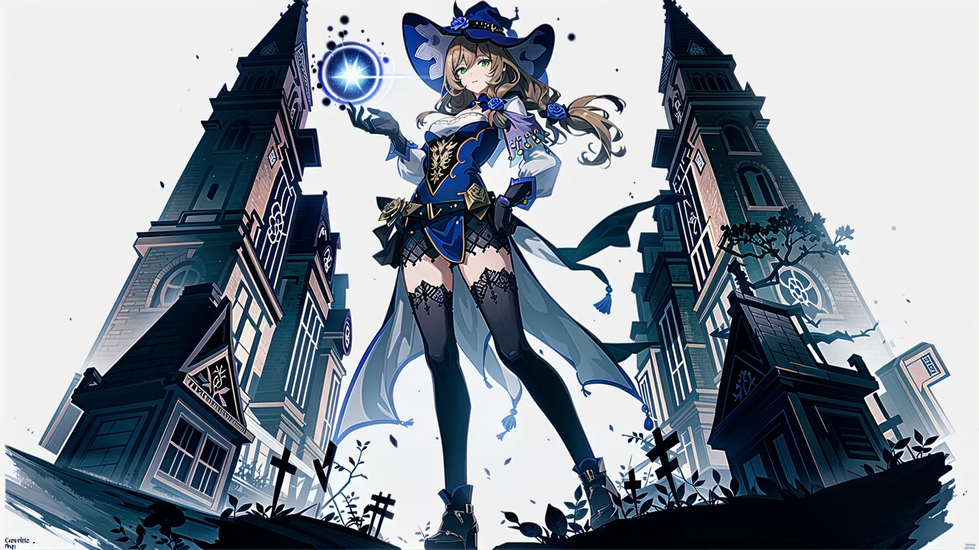 anime girl with a very strange costume walking in front of a large clock tower against a light gray cloudy sky over a building and graveyard