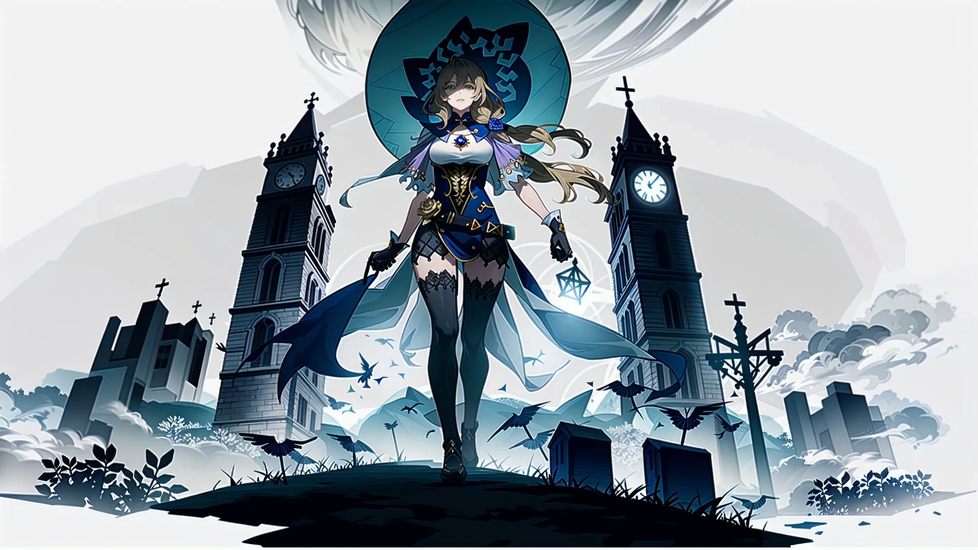 a painting featuring a woman with a sword and wings in the sky and some castle in the background with birds above it and a tower on top