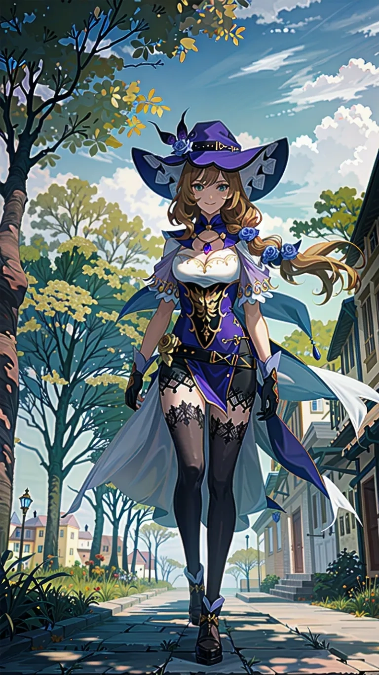 a pretty young lady walking down a street near some trees in townie gear with her purple hat on and gloves on, and holding an umbrella, standing above another hand