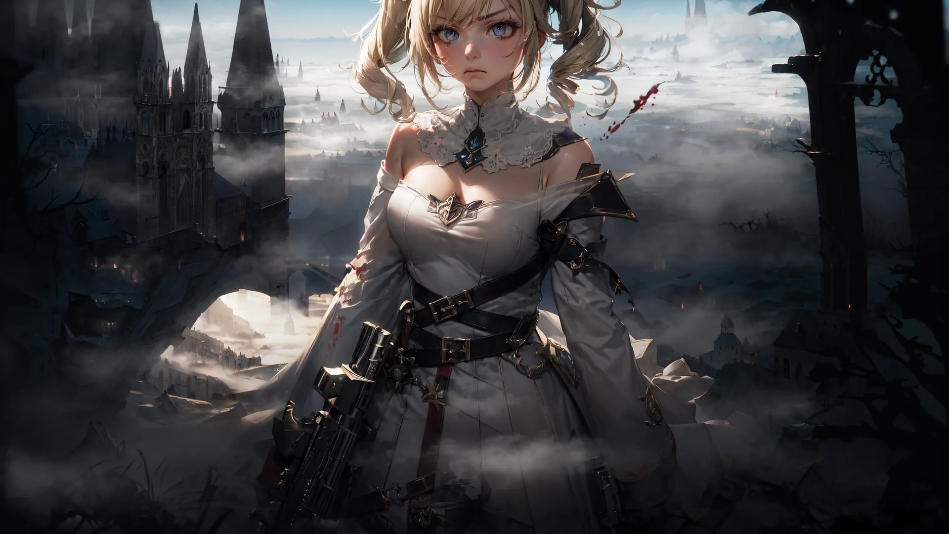 a lady that is wearing a very weird outfit by the side of the water with ships in the background and buildings behind her and a sky full moon over her