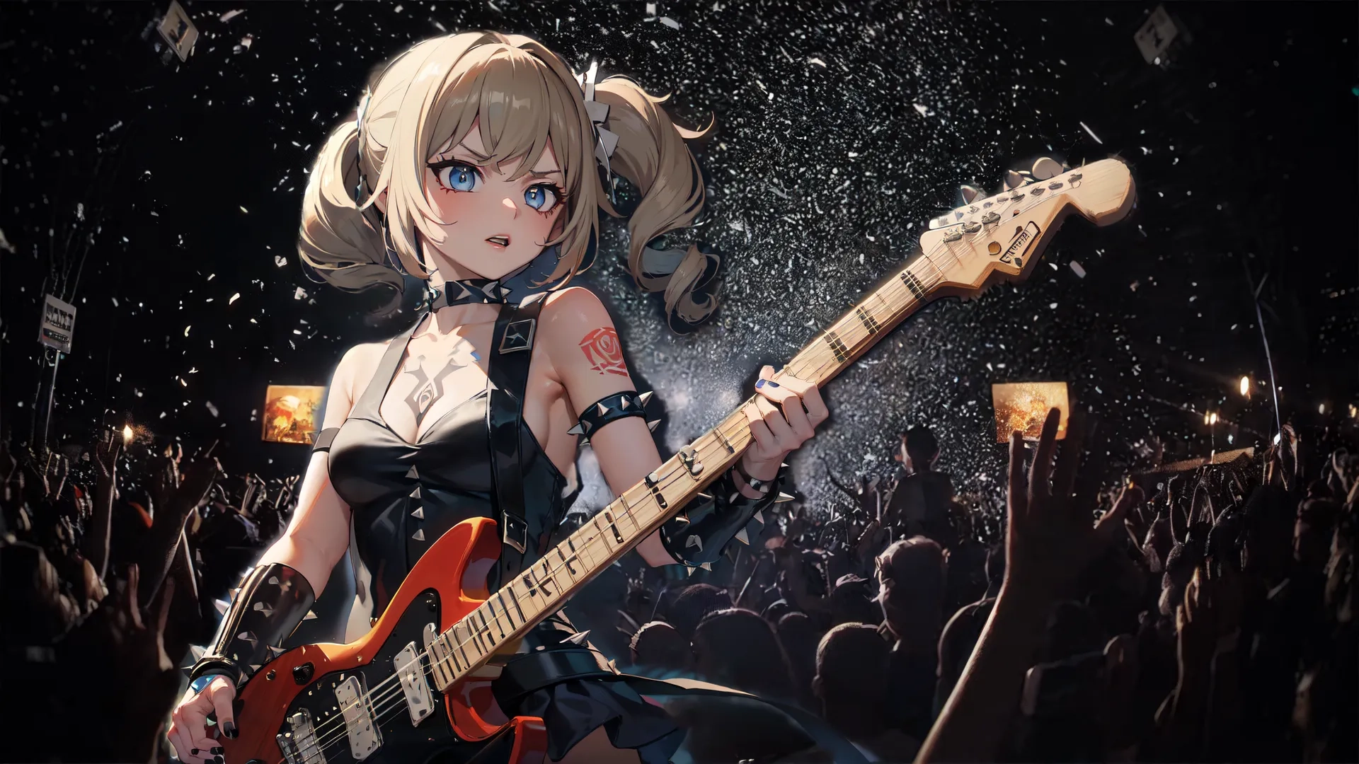 the woman poses with the guitar in her hands at a concert on the stage and people playing a musical instrument nearby behind them, while she is splashing drops drops of water