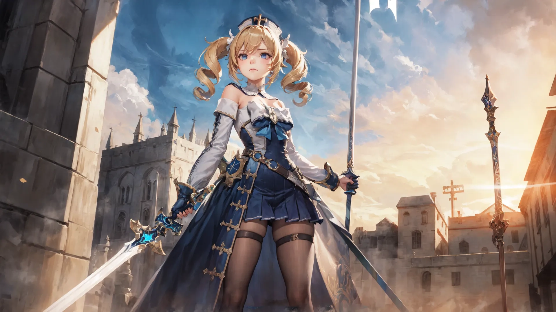 an illustration of a woman with two swords and a castle in the background, holding a staff and sword on a tower gate riser
