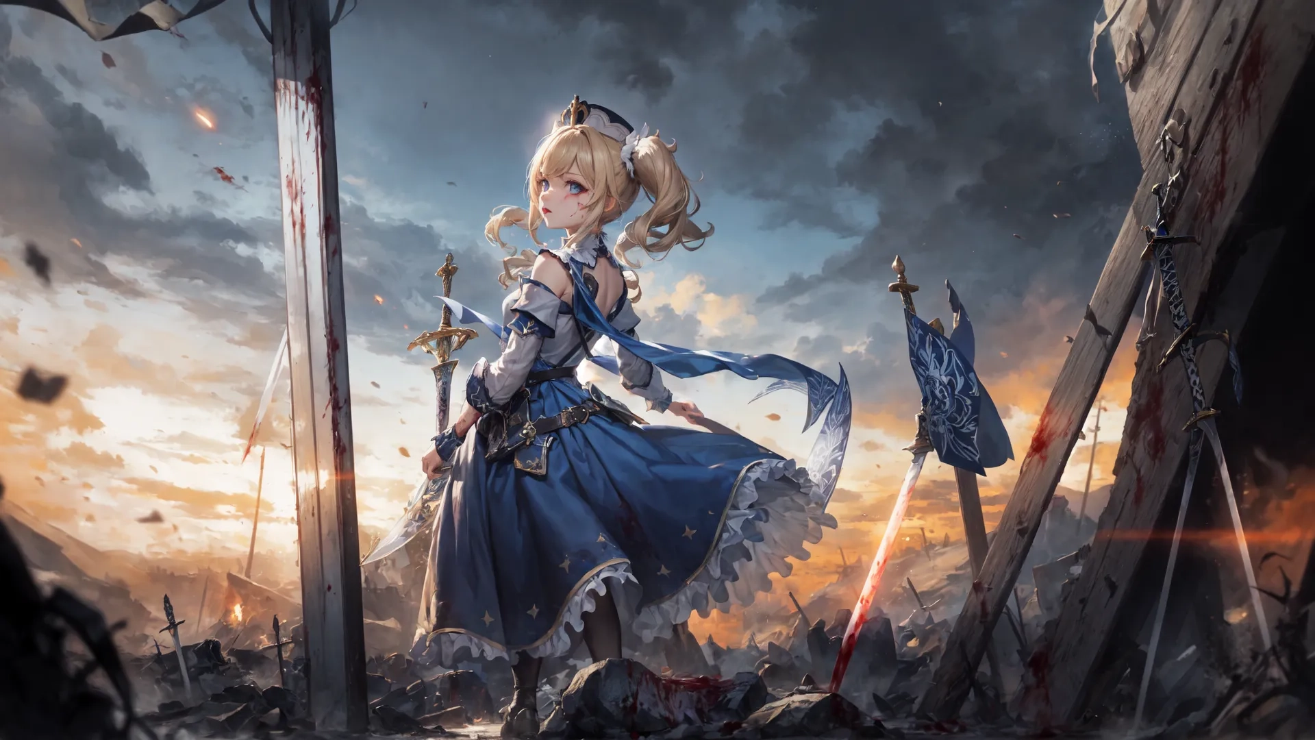 a anime style girl with long blonde hair holding a sword standing on a field of rubble, surrounded by flag's with birds around