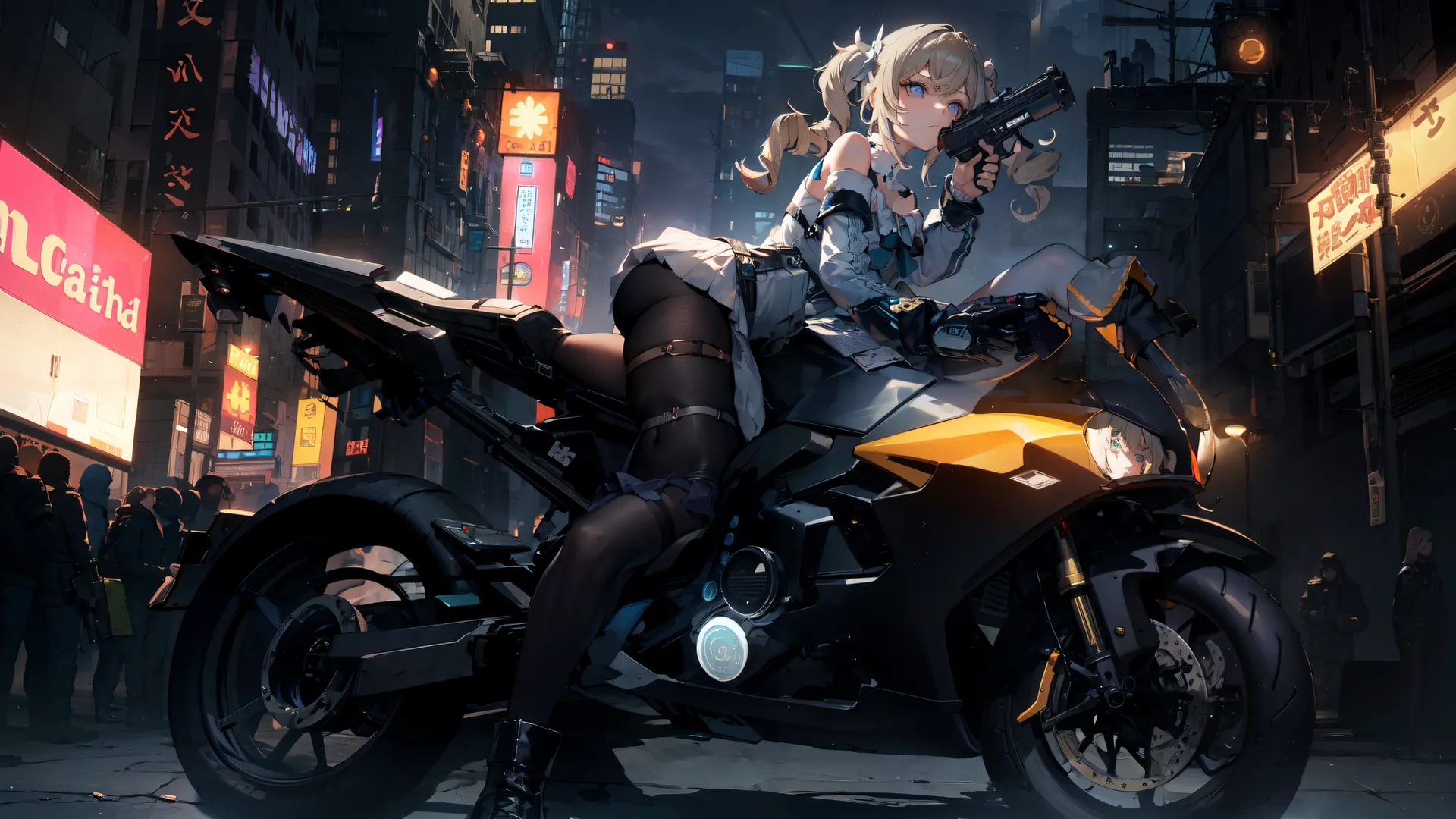 an anime girl with long hair is posing on a yellow motorcycle in the city skyline by a billboard on the street above her are a crowd
