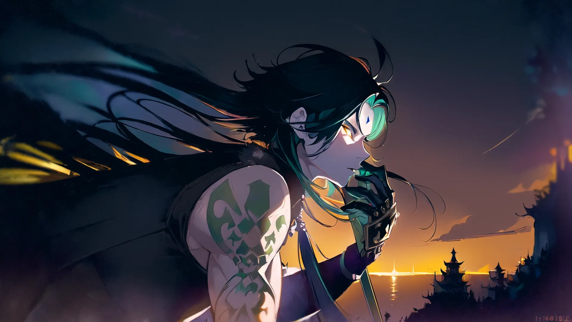 a girl looking over the head with glasses on, a background has a crossboned skull and night club flag and two buildings across it in the photo