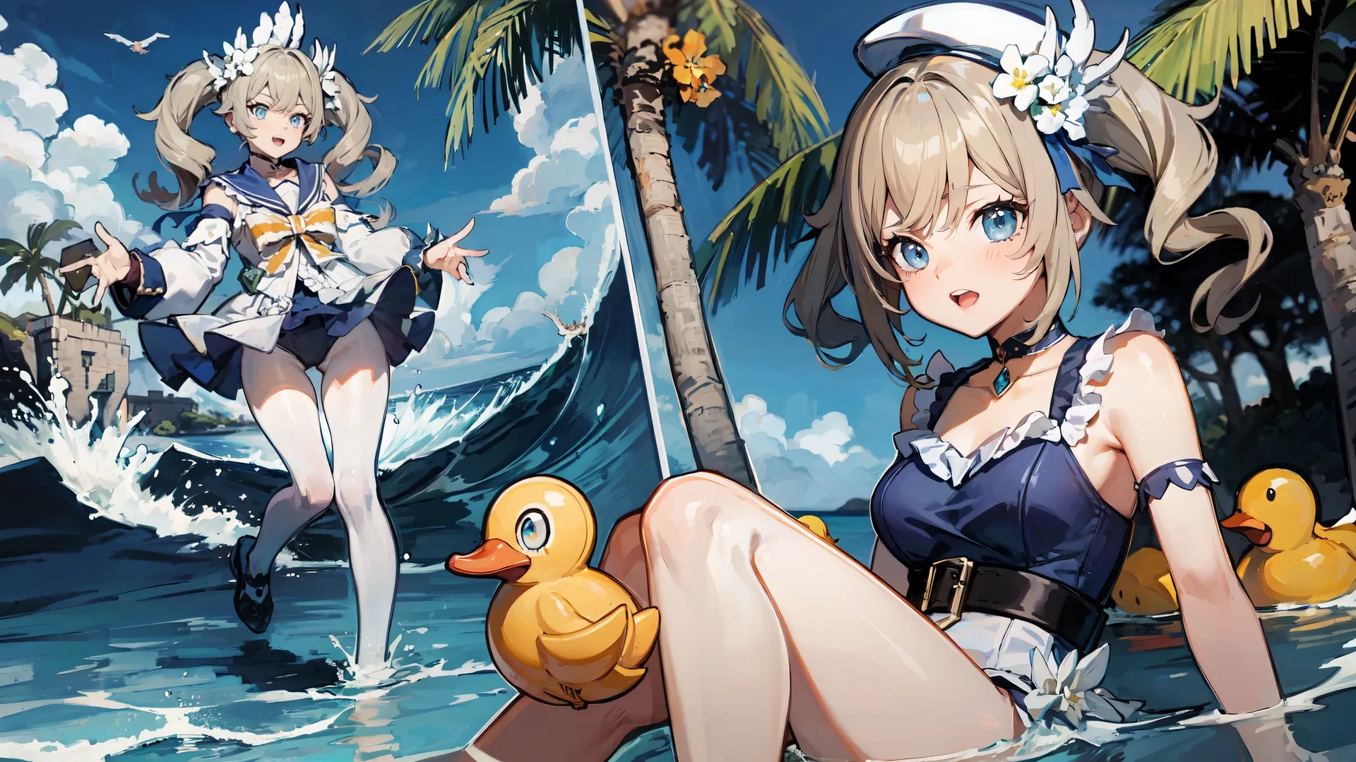 two girls with plastic ducks in front of an ocean with palm trees and boats on them on and a woman in a white top holding up in the water