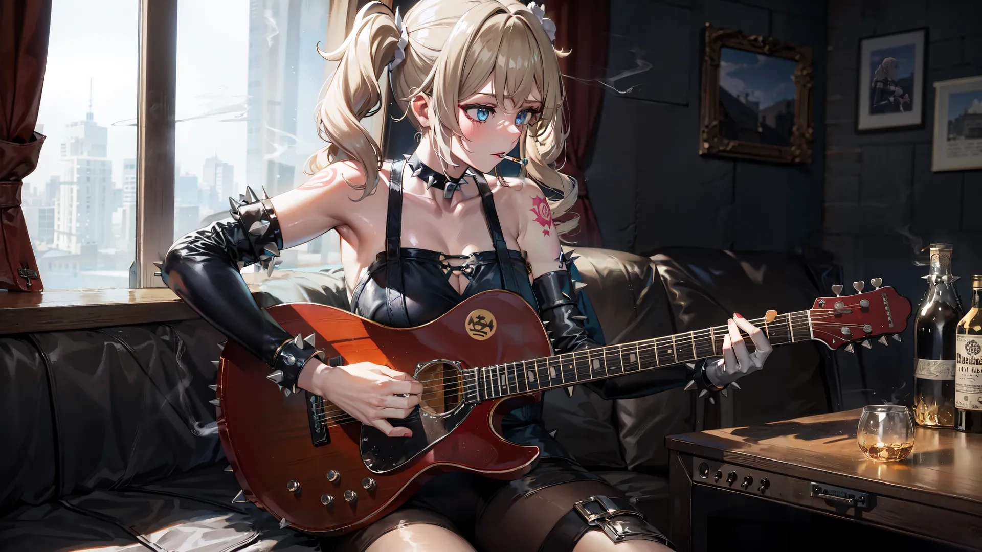 the girl is sitting on the couch and playing her guitar by the glass box with one bottle of alcohol on the table with the two glasses